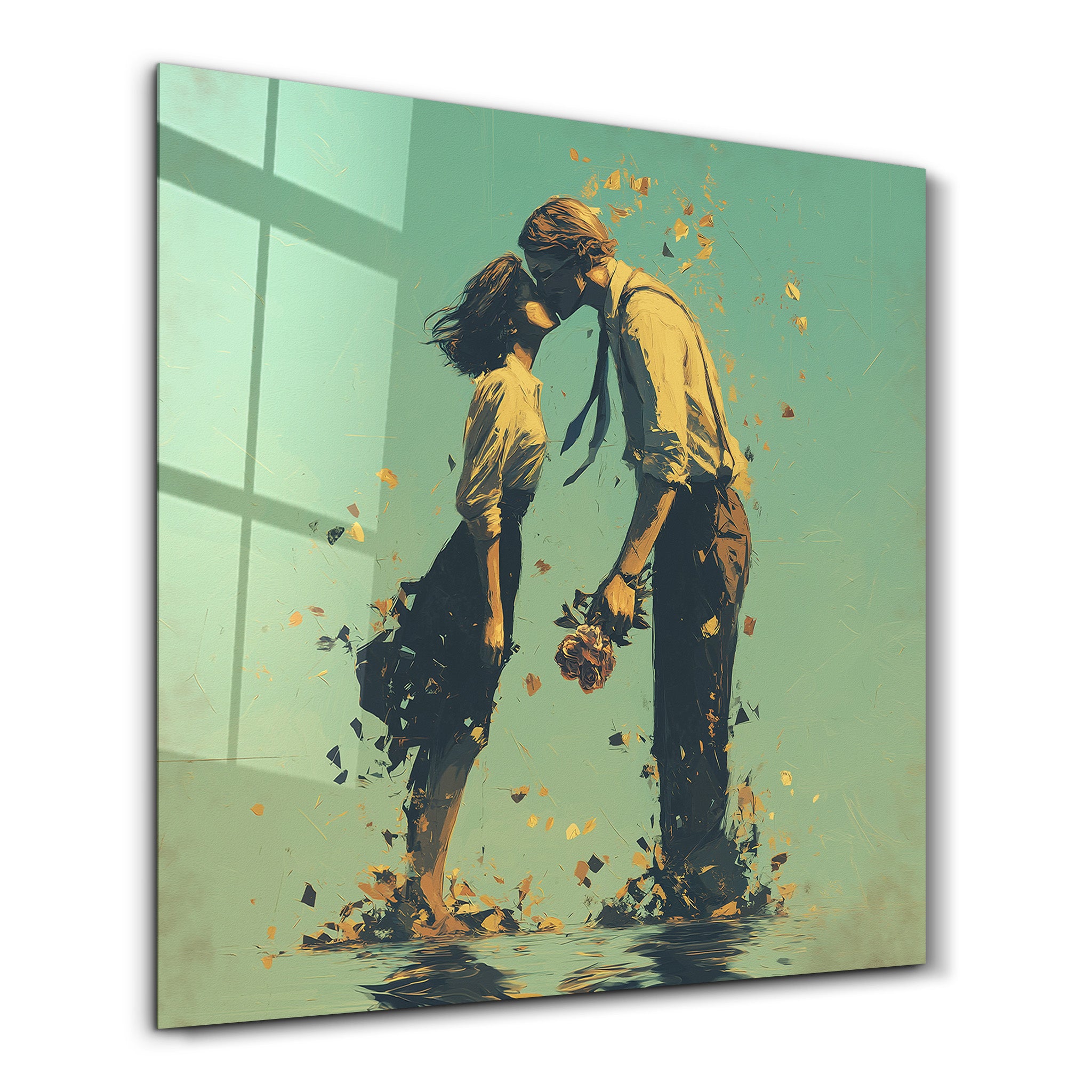 First Kiss Romantic Square Couple Art Glass Wall Art | ArtDesigna