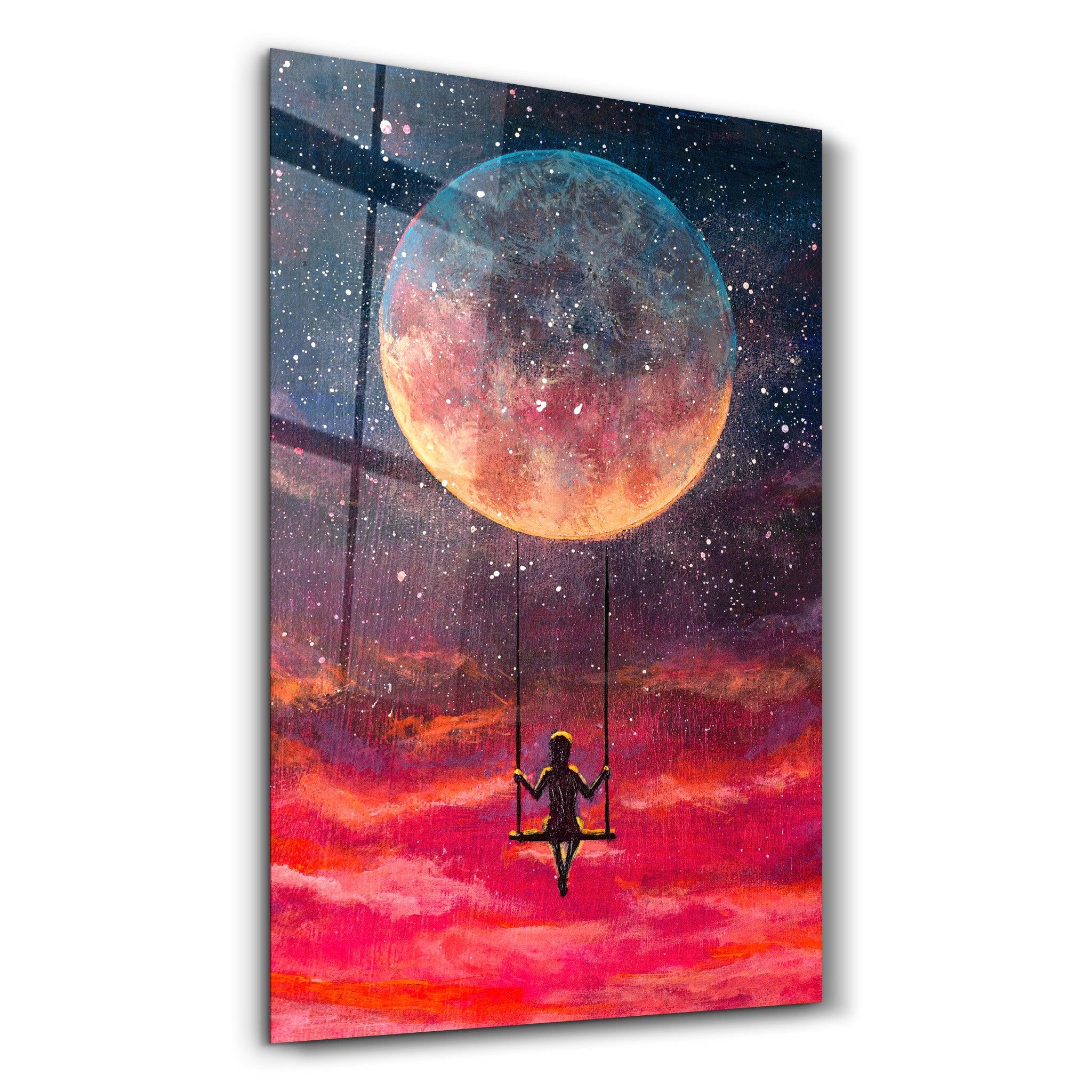 ・"Girl Swinging Under The Moon"・Glass Wall Art - ArtDesigna Glass Printing Wall Art
