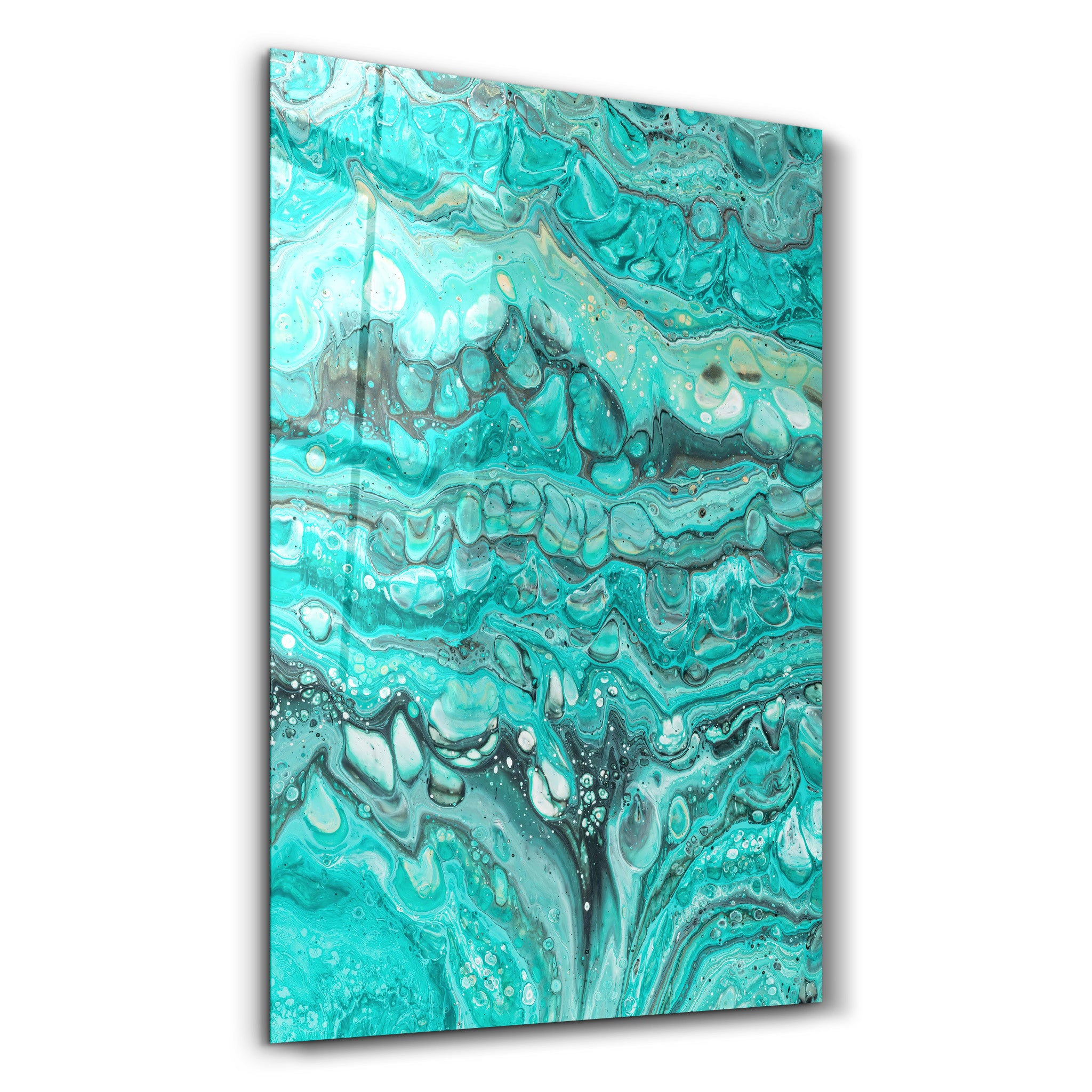 ・"Abstract Turquoise Ink Drops"・Designer's Collection Glass Wall Art - ArtDesigna Glass Printing Wall Art