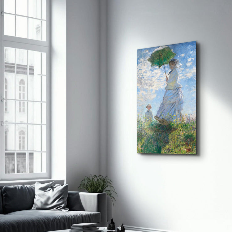 ・"Woman with a Parasol, Madame Monet and Her Son (1875) by Claude Monet"・Glass Wall Art - ArtDesigna Glass Printing Wall Art
