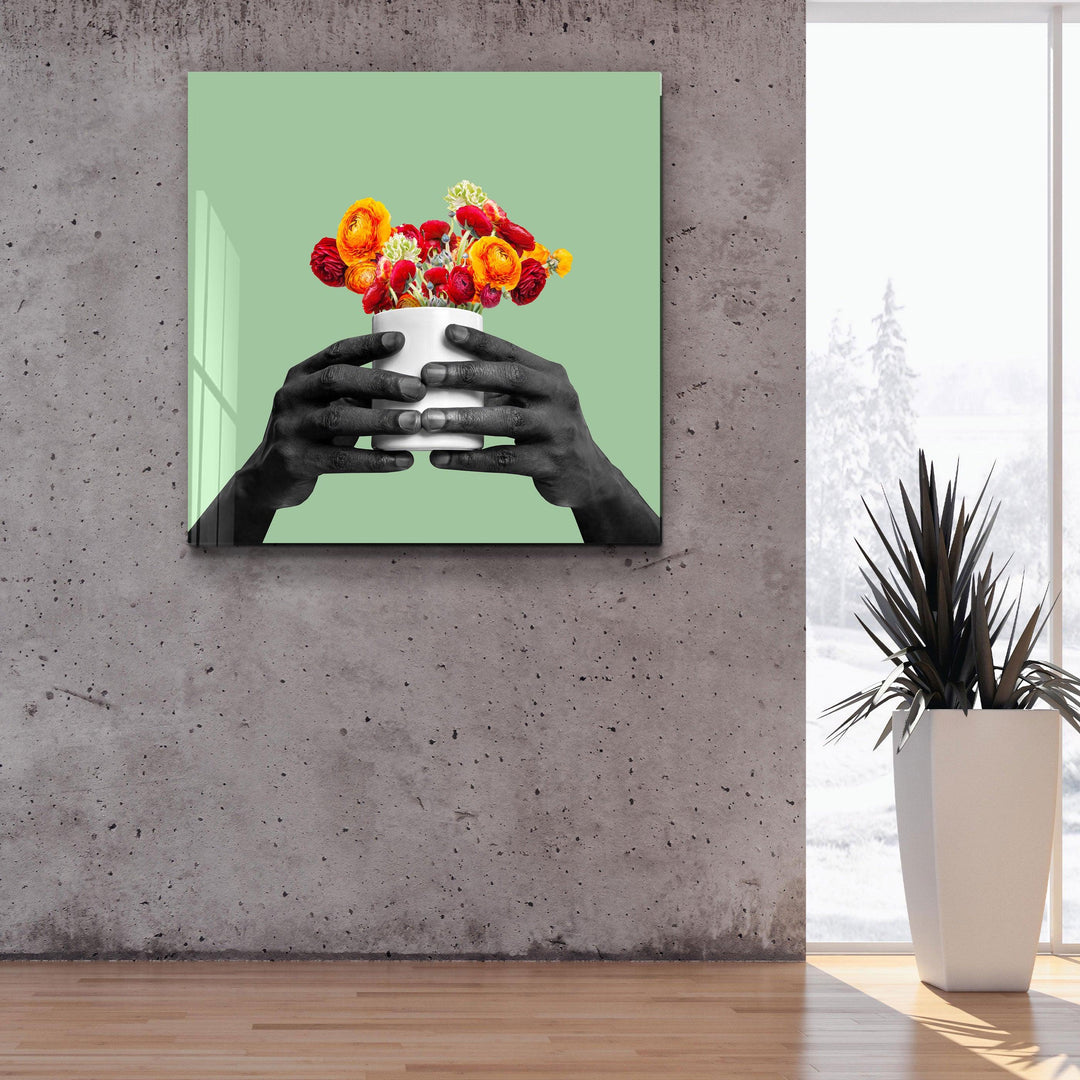 ."Holding the Flower - Green". Contemporary Collection Glass Wall Art - ArtDesigna Glass Printing Wall Art