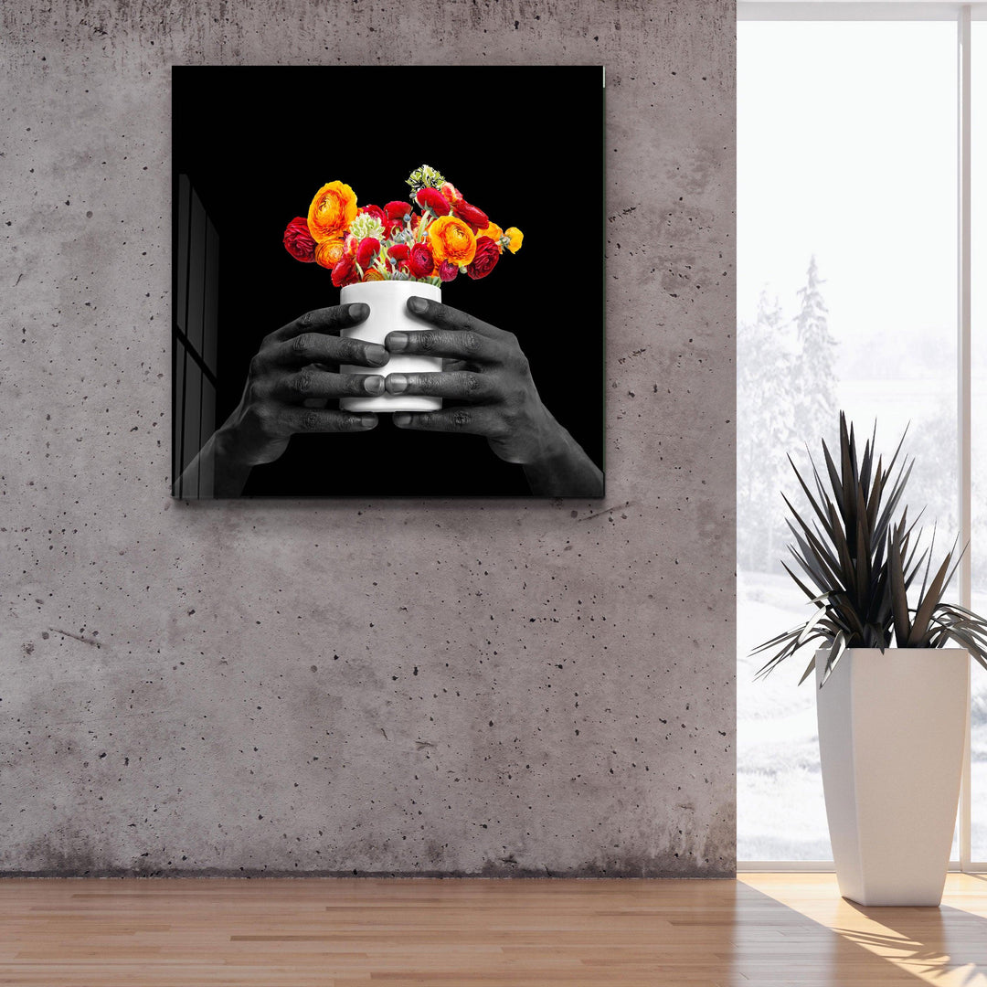 ."Holding the Flower - Black". Contemporary Collection Glass Wall Art - ArtDesigna Glass Printing Wall Art