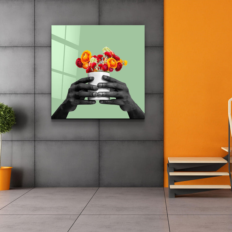 ."Holding the Flower - Green". Contemporary Collection Glass Wall Art - ArtDesigna Glass Printing Wall Art