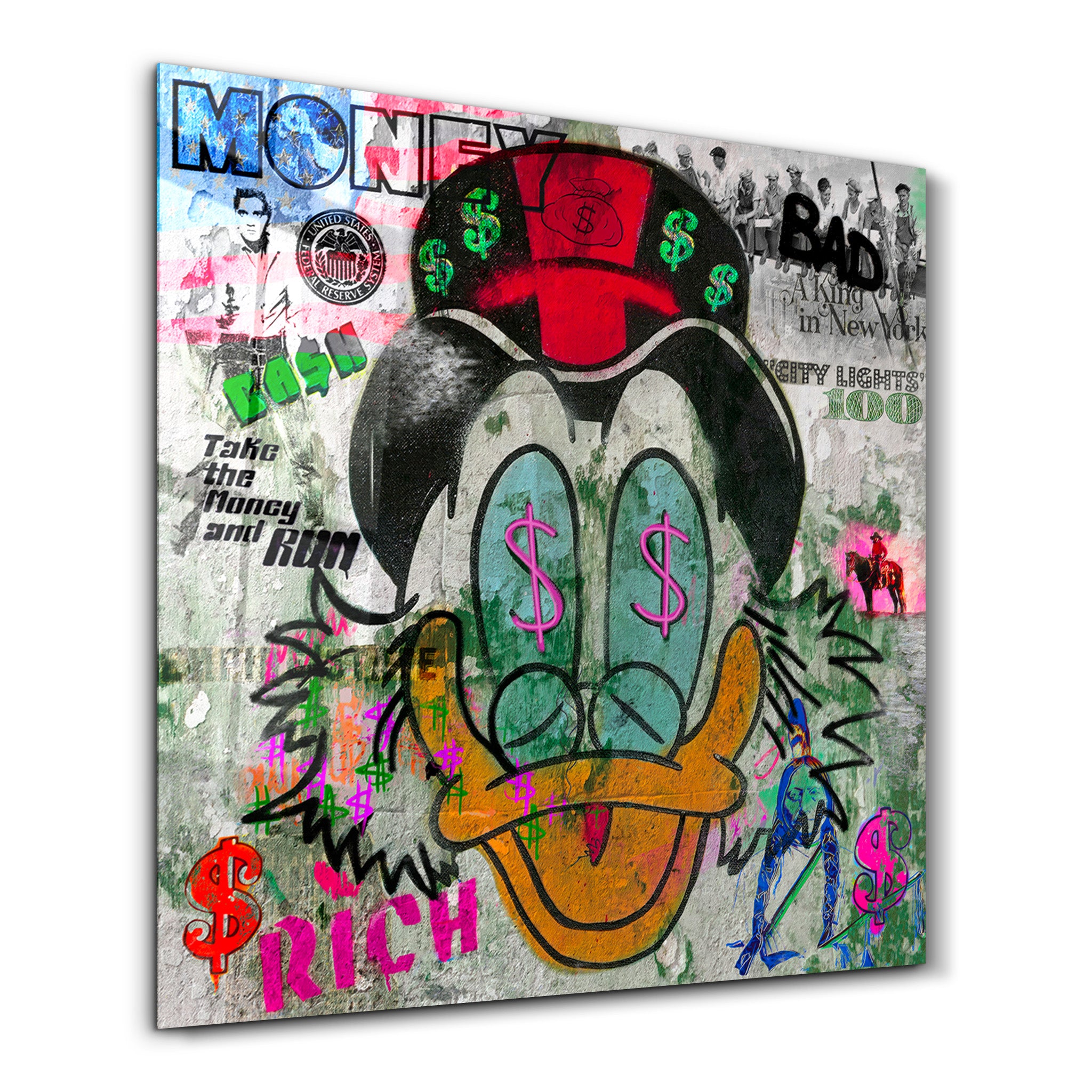 Money Talks by Mr. Pablo Costa Glass Wall Art | ArtDesigna