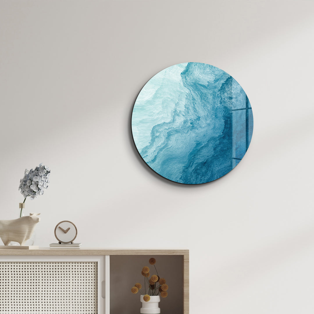 ・"Blue Paint Waves"・Rounded Glass Wall Art