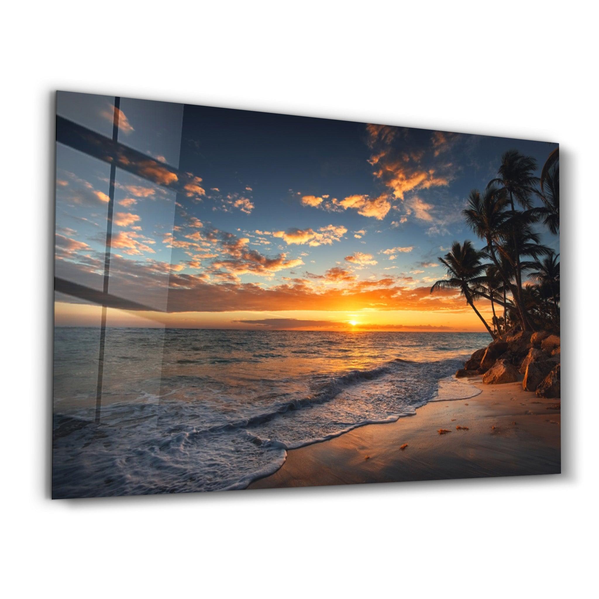Golden Horizon: Tranquil Shores Glass Wall Art | ArtDesigna