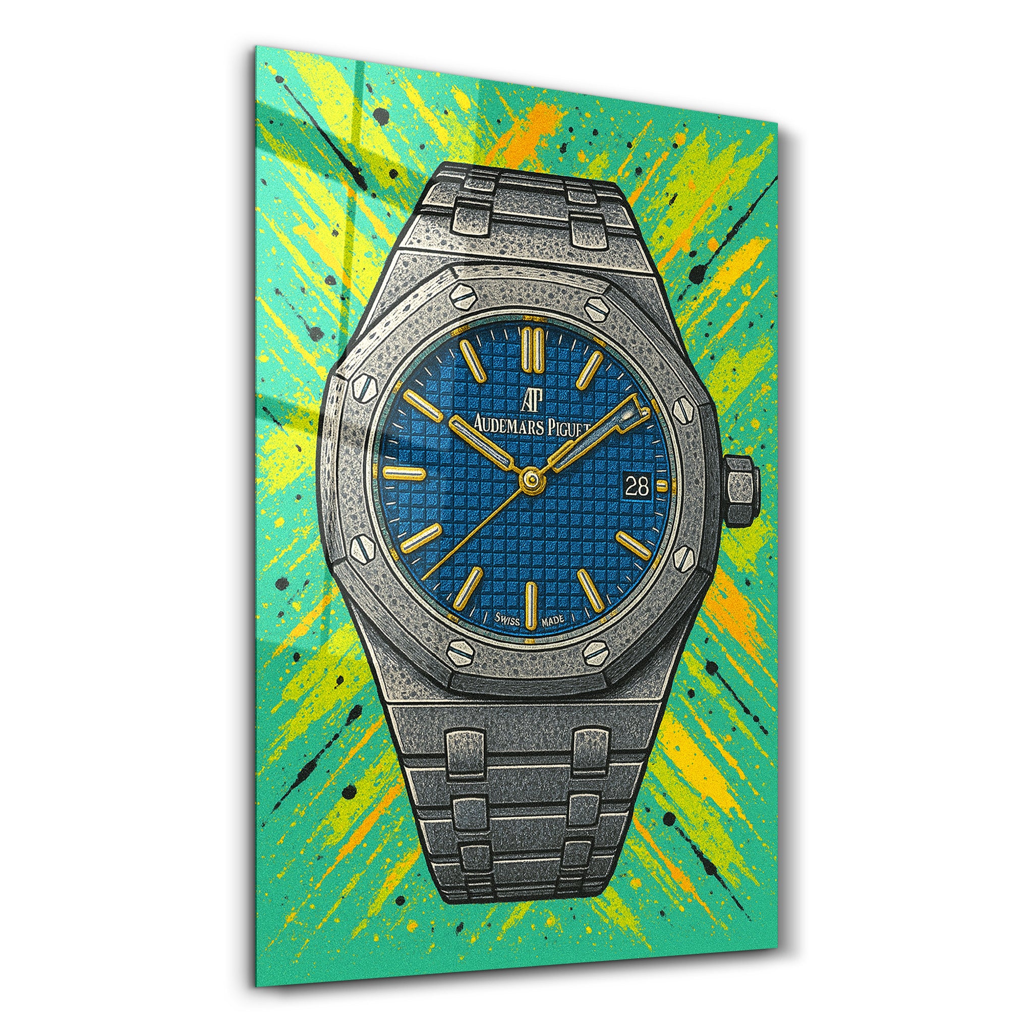 Tick Boom Audemars Piguet Comic Splash Glass Wall Art | ArtDesigna