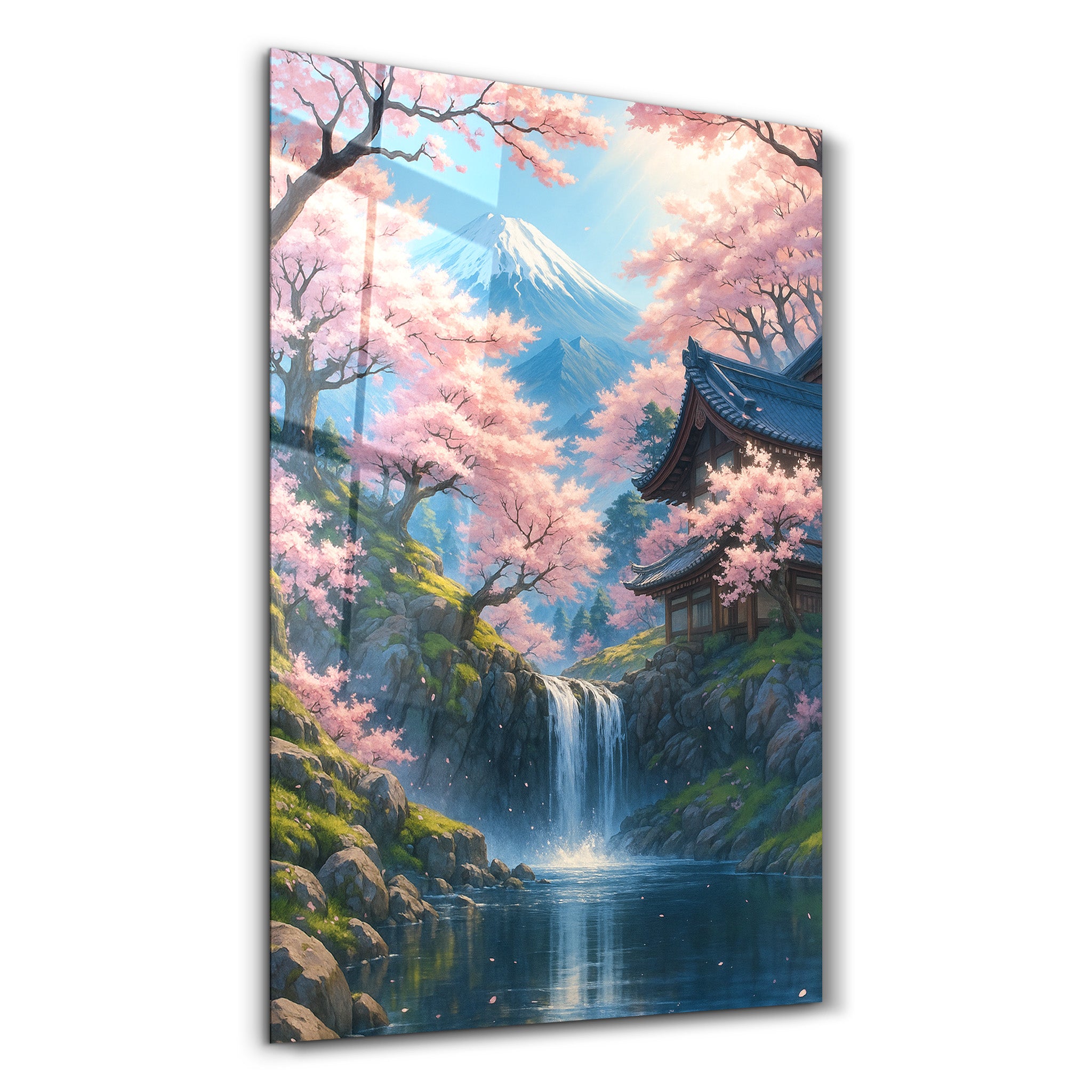 Tranquil Sakura Falls Glass Wall Art | ArtDesigna – Artdesigna