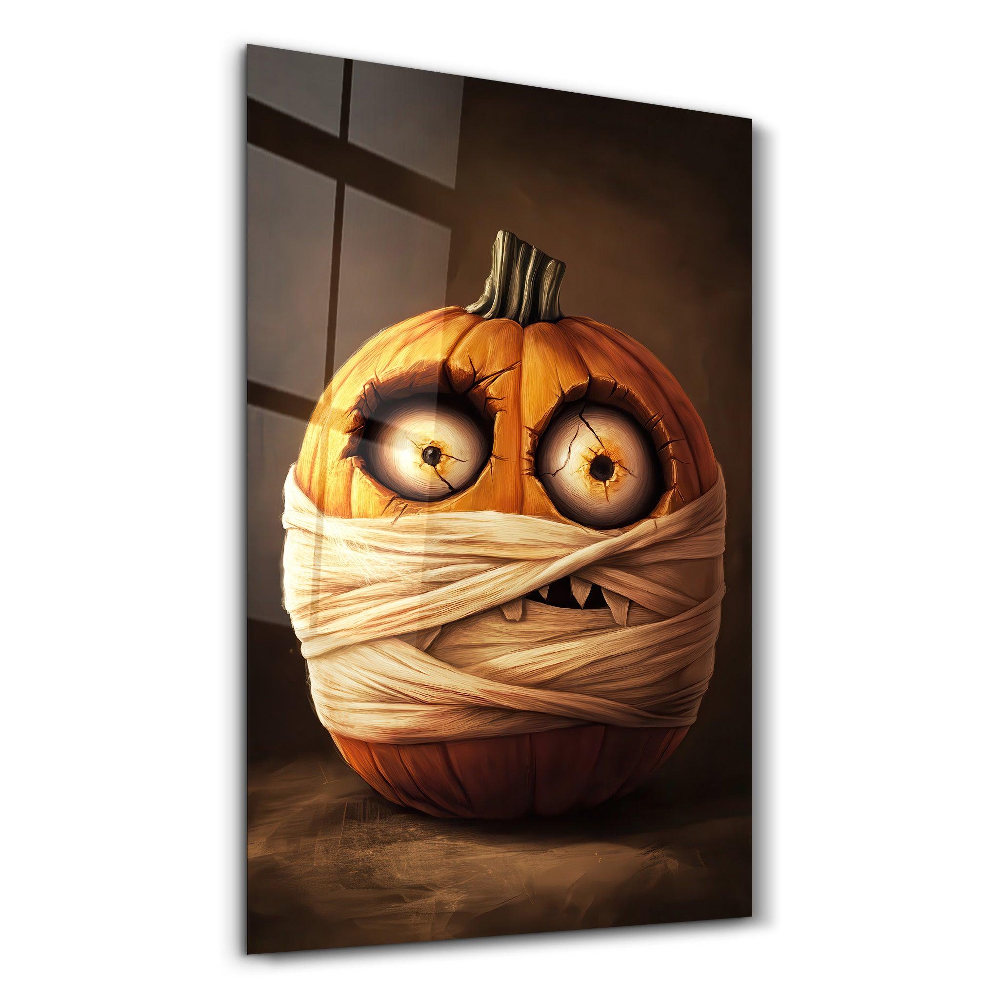 Pumpkin Mummy Mischief | Halloween Glass Wall Art – Artdesigna