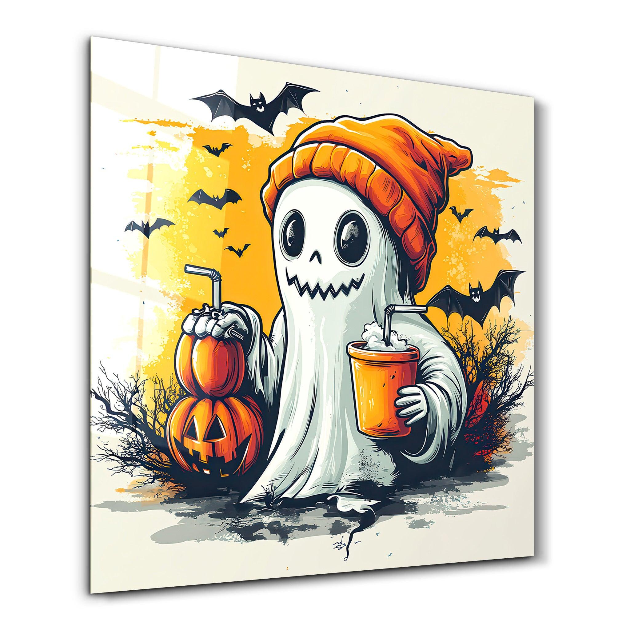 Chillin' Ghost: Halloween Vibes Glass Wall Art | ArtDesigna
