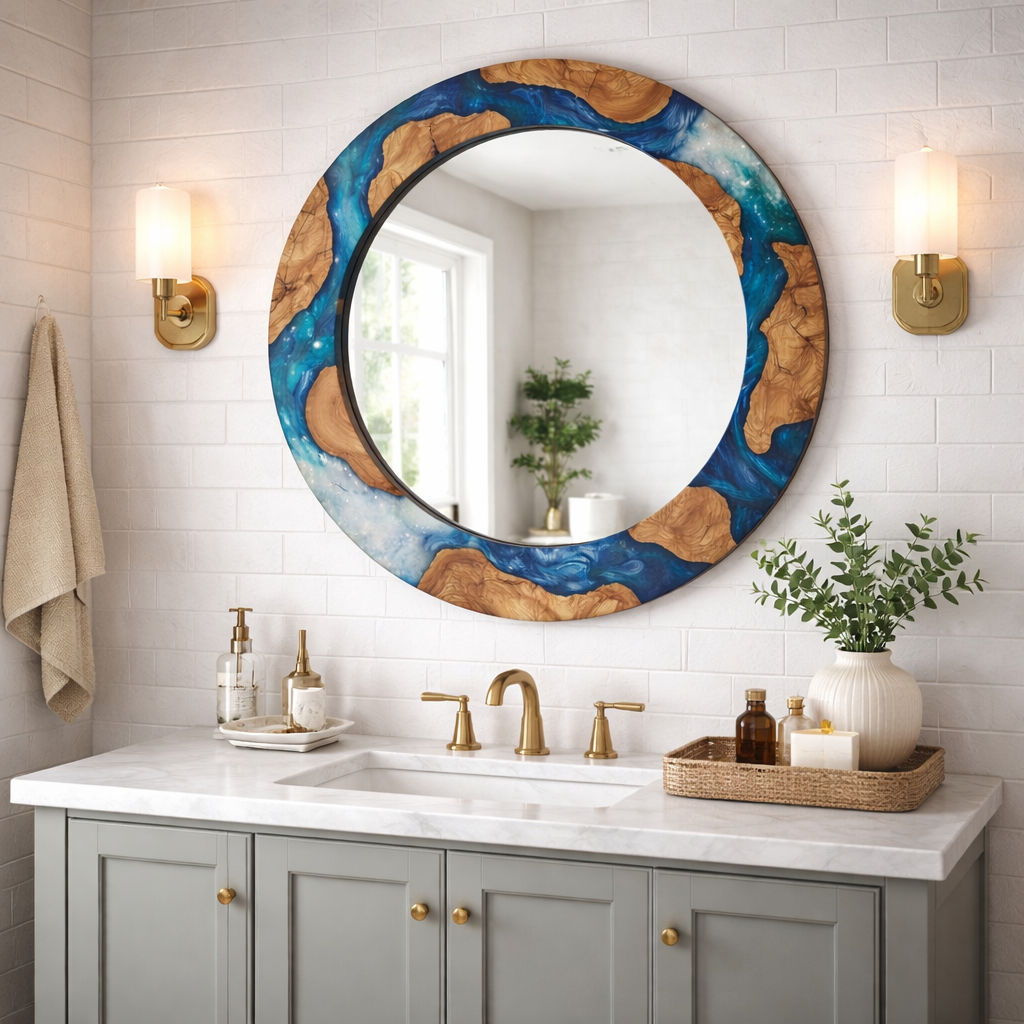 Ocean Inspired Epoxy & Olive Wood Mirror Wood Wall Art