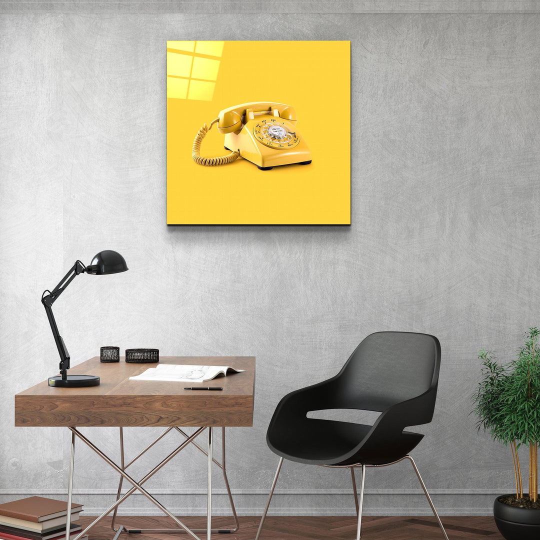 ."Yellow Retro Phone". Contemporary Collection Glass Wall Art - ArtDesigna Glass Printing Wall Art