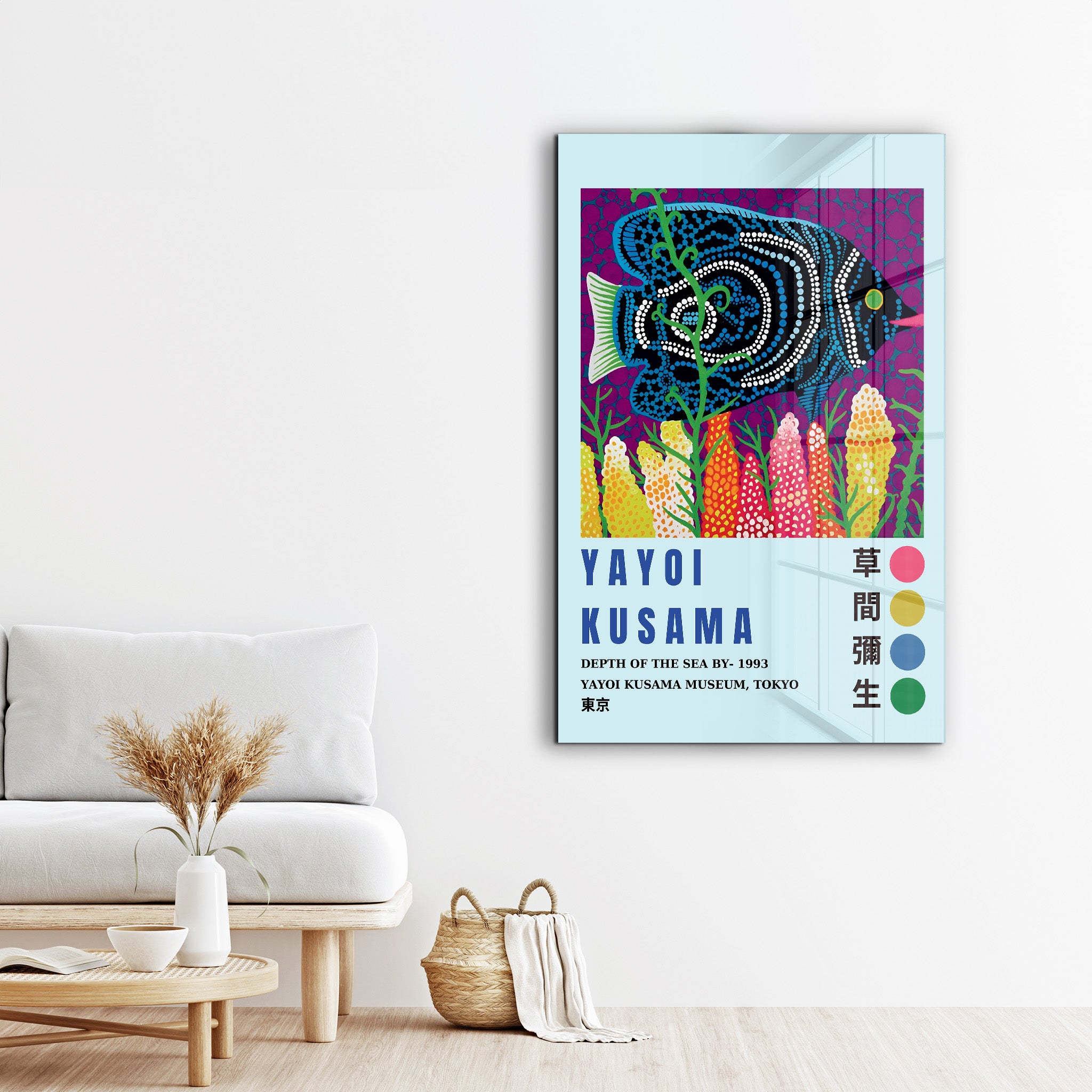 Yayoi Kusama Depth of the Sea Japanese pop art glass wall art by Artdesigna, vibrant design with ocean-inspired motifs.