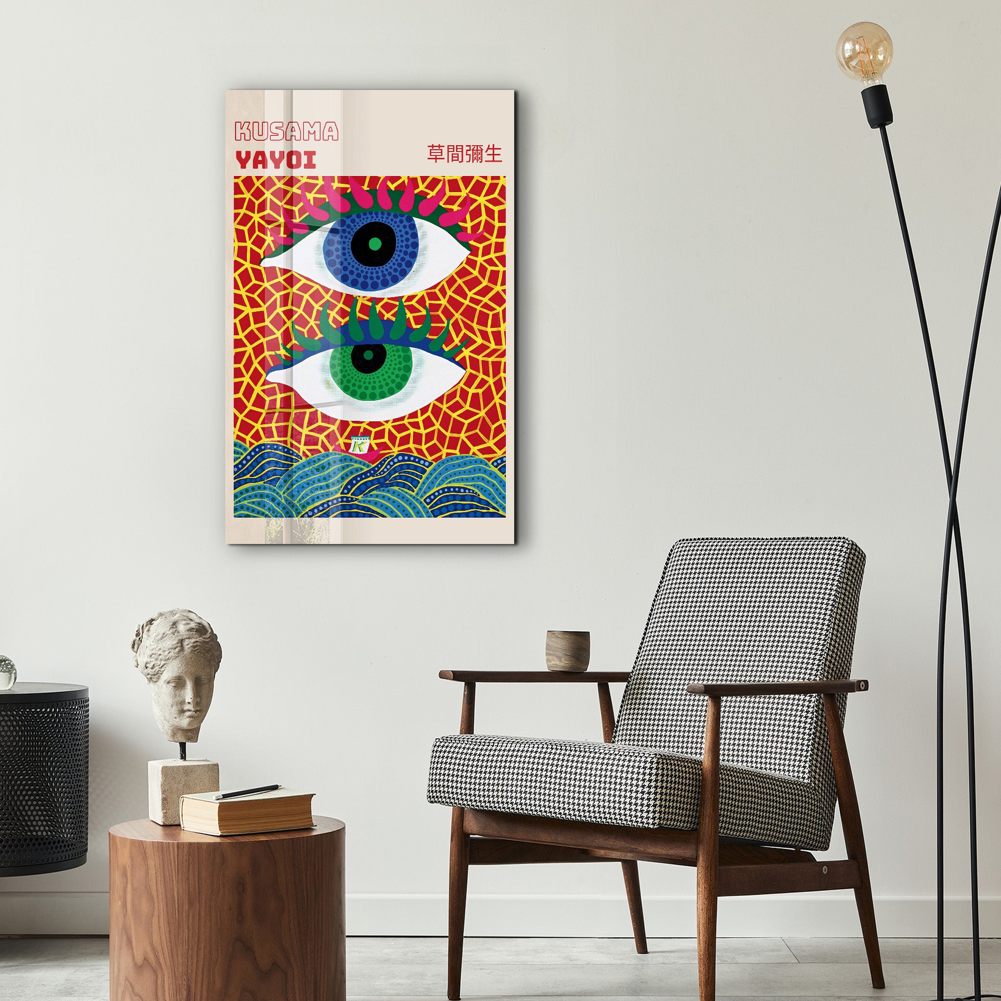 Yayoi Kusama double eye Japanese pop art glass wall art by Artdesigna, featuring vibrant colors and bold eye designs.