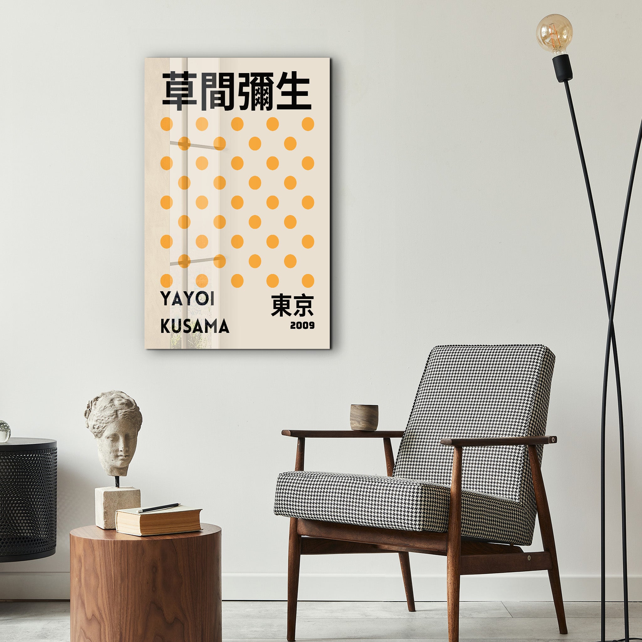 Yellow polka dot Japanese pop art glass wall art by Yayoi Kusama, featuring vibrant yellow and black polka designs.