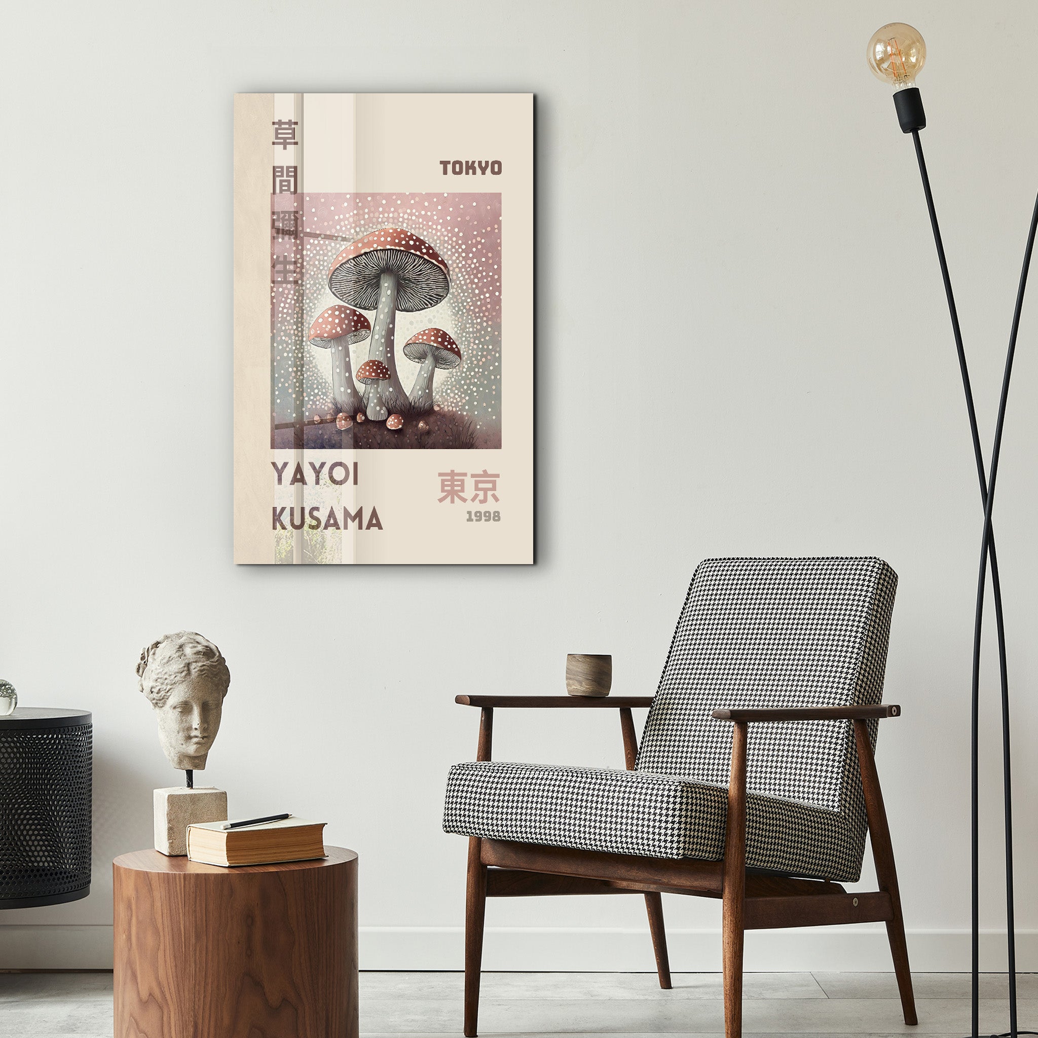 Yayoi Kusama mushroom poster glass wall art featuring vibrant Japanese pop art design by Artdesigna