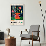 Yayoi Kusama floral vase glass wall art by Artdesigna featuring vibrant pop art floral design on clear glass.
