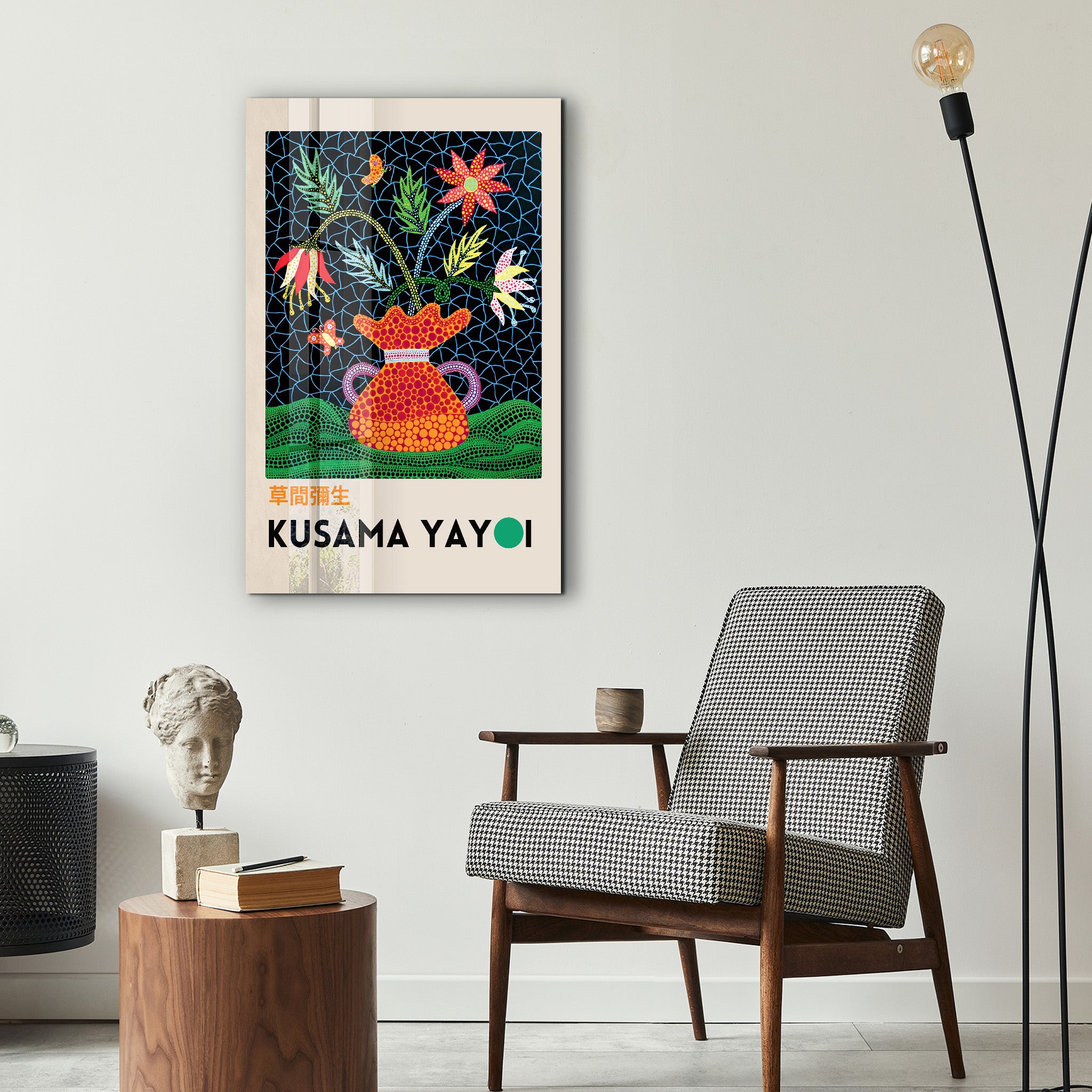 Yayoi Kusama floral vase glass wall art by Artdesigna featuring vibrant pop art floral design on clear glass.