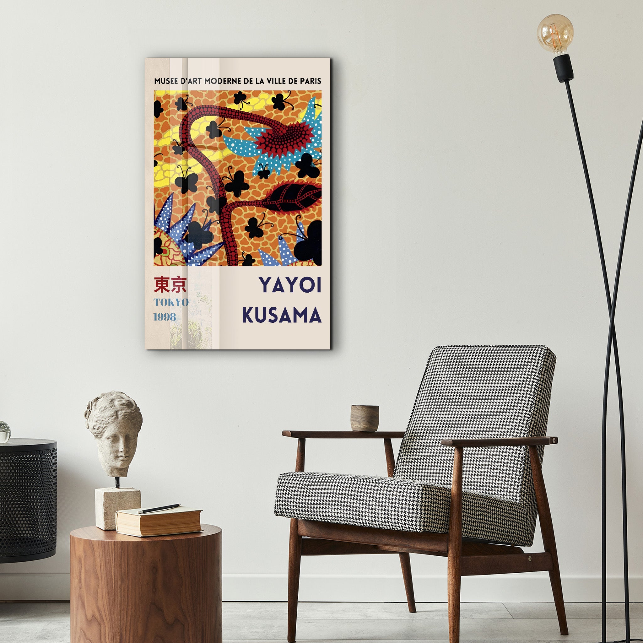 Colorful Yayoi Kusama floral butterflies glass wall art by Artdesigna featuring vibrant pop art floral and butterfly design.