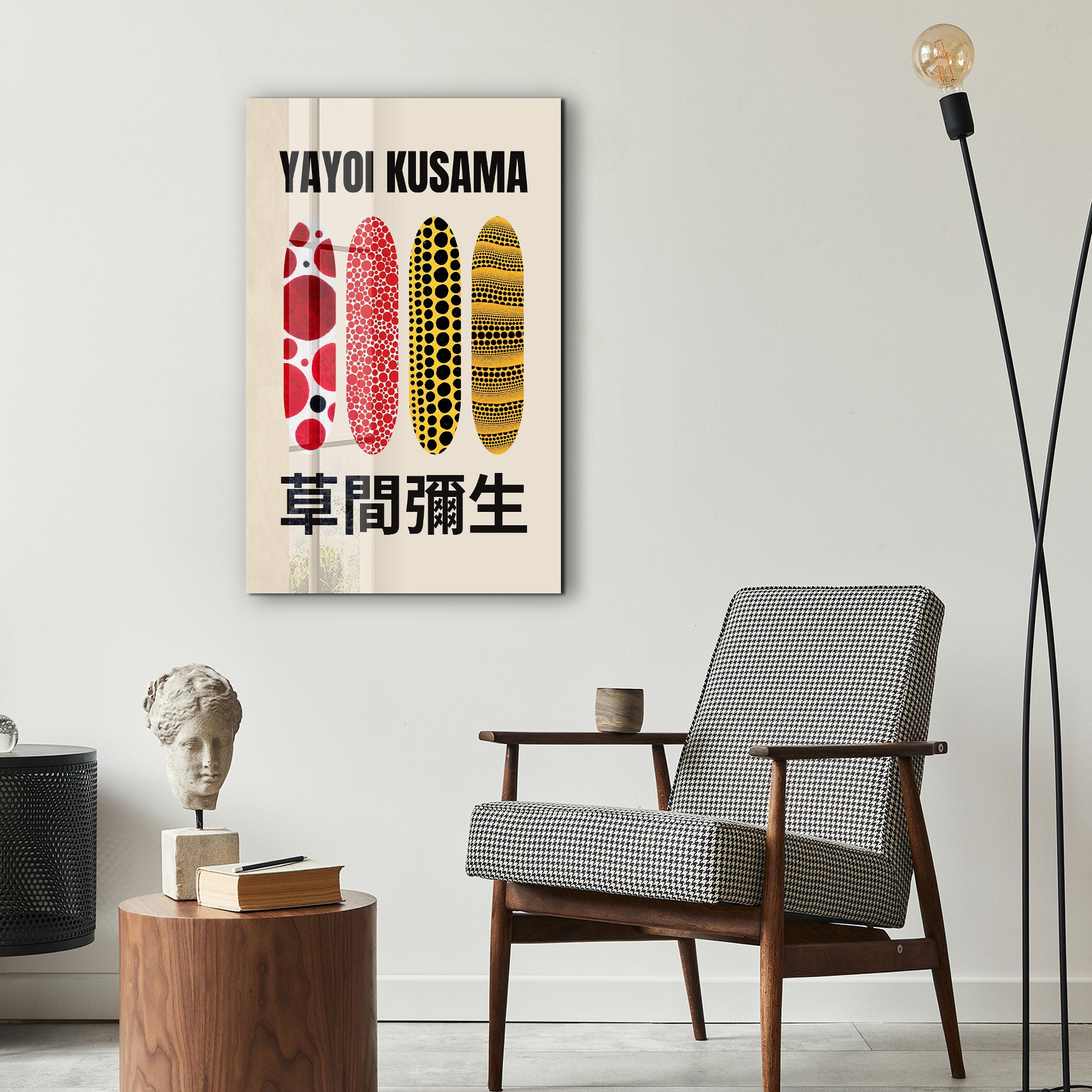 Yayoi Kusama pattern glass wall art by Artdesigna featuring vibrant Japanese pop art design on clear glass.