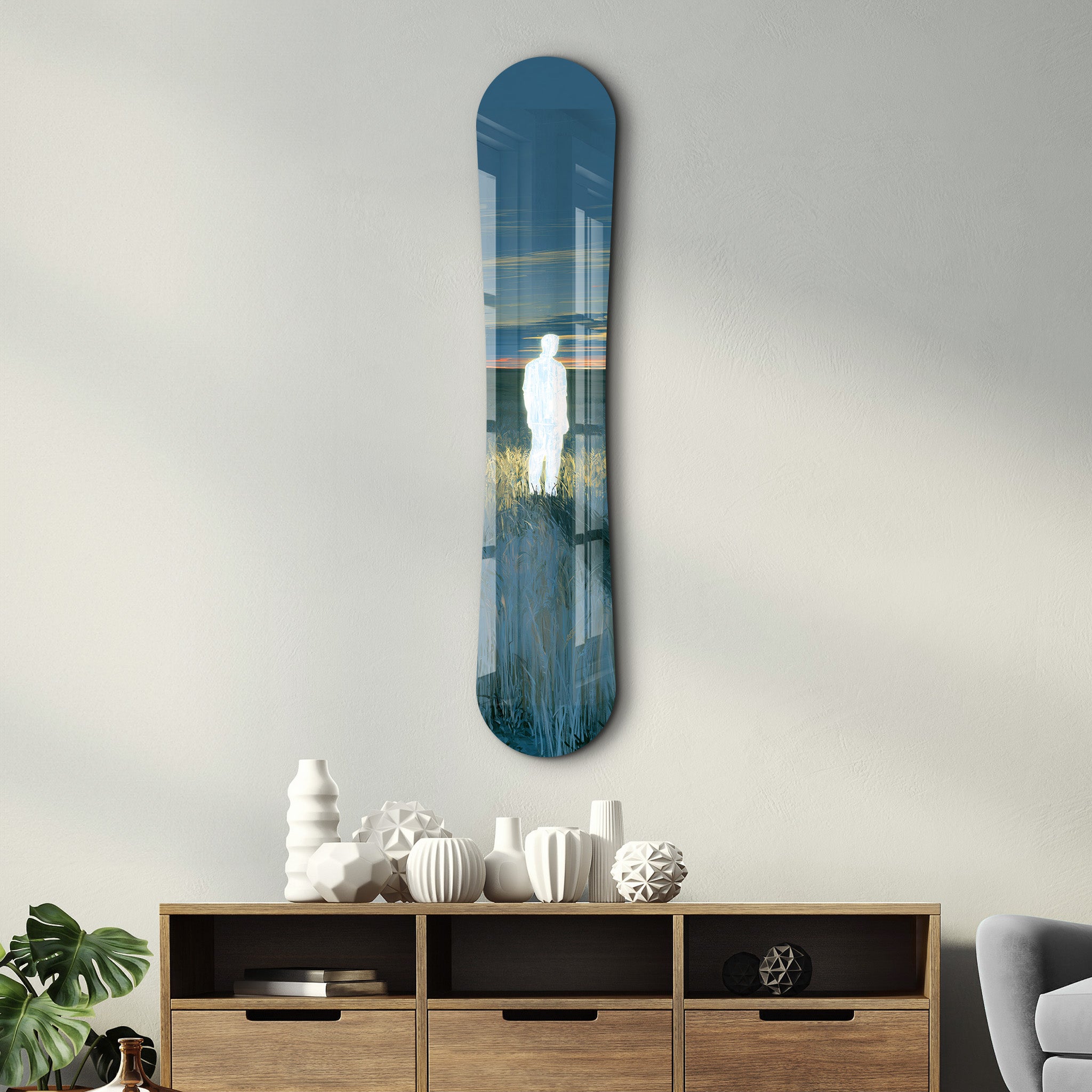 Lost Signal snowboard glass wall art by Artdesigna, featuring a sleek snowboarding design on clear glass wall decor.