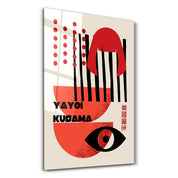 Abstract face glass wall art by Artdesigna featuring Yayoi Kusama-inspired Japanese pop art design, vibrant and eye-catching.