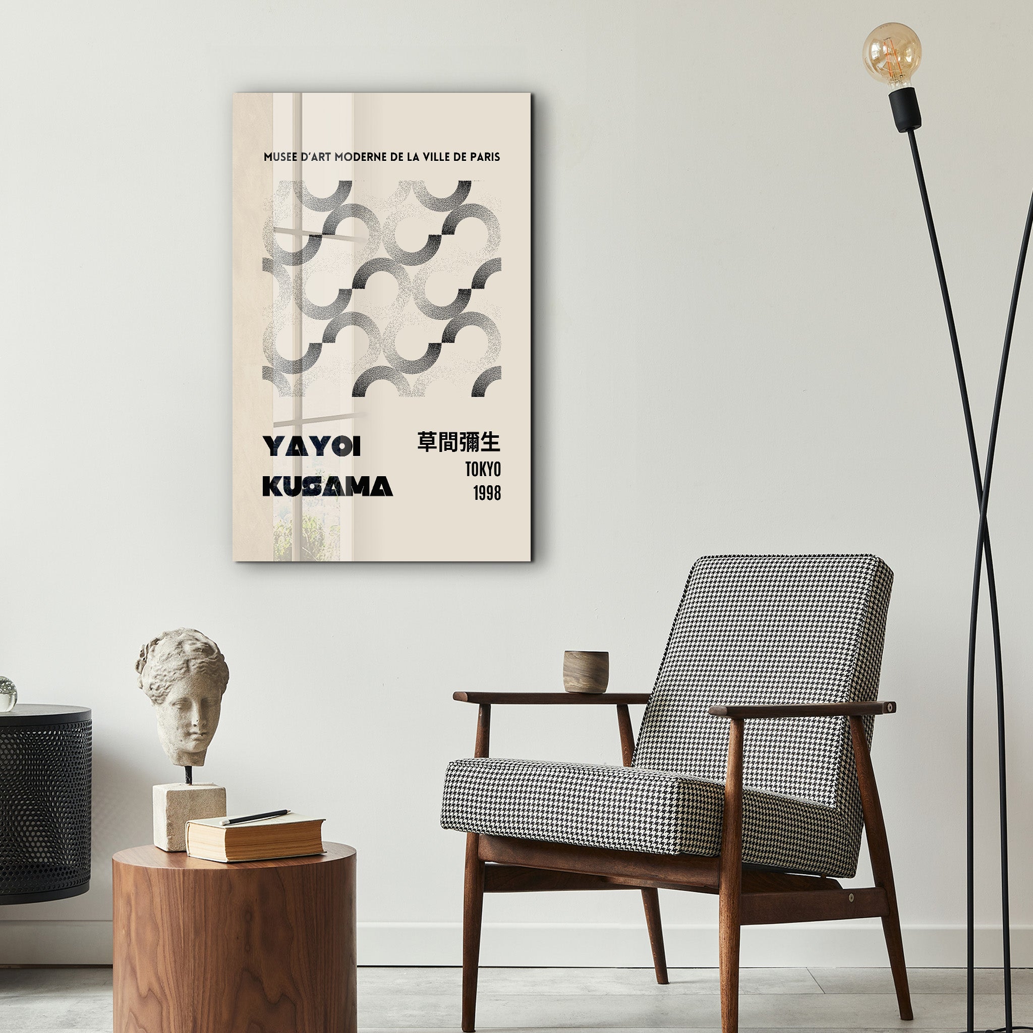 Glass wall art by Artdesigna featuring Yayoi Kusama's geometric monochrome Japanese pop art design.
