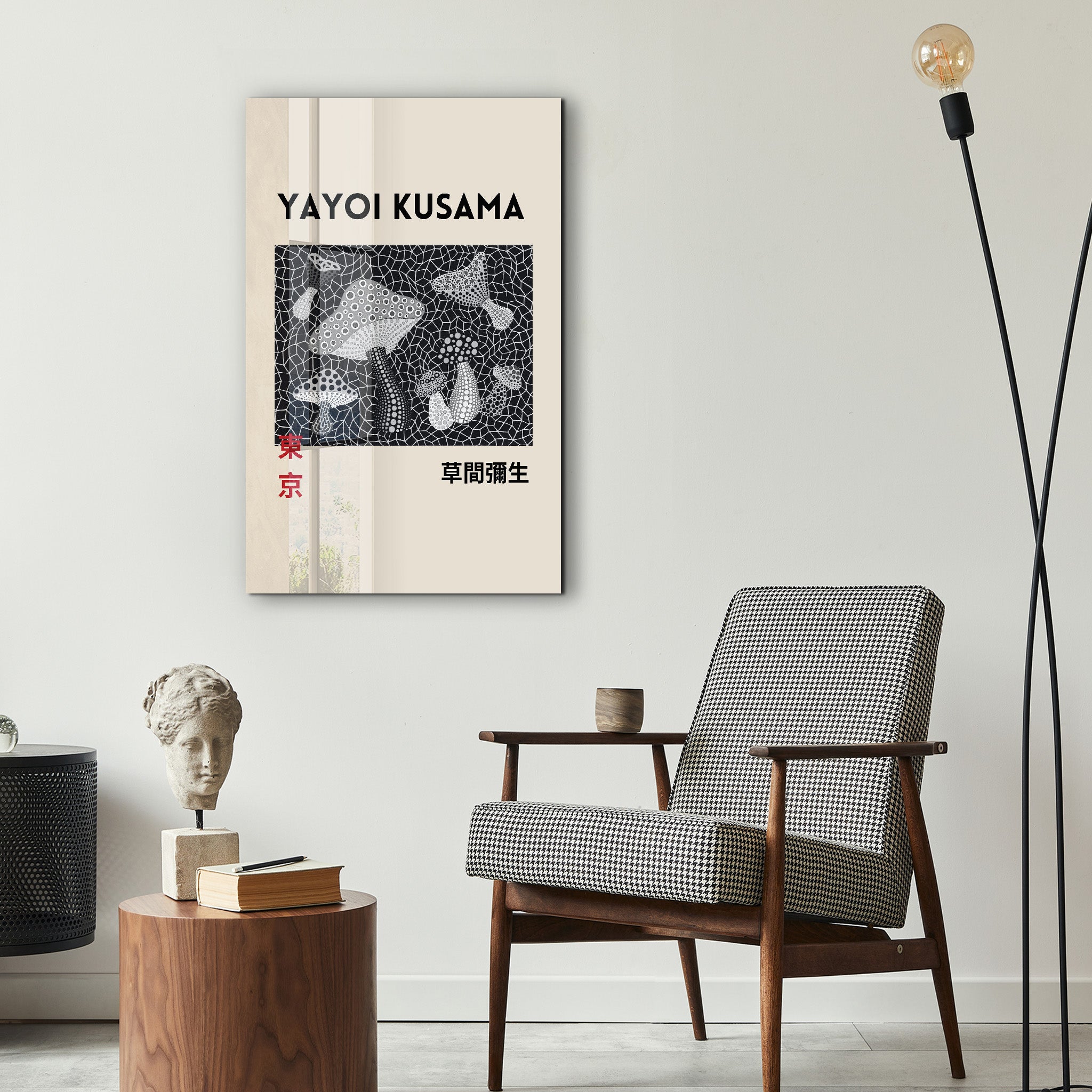 Glass wall art featuring monochrome mushroom designs inspired by Yayoi Kusama Japanese pop art by Artdesigna.