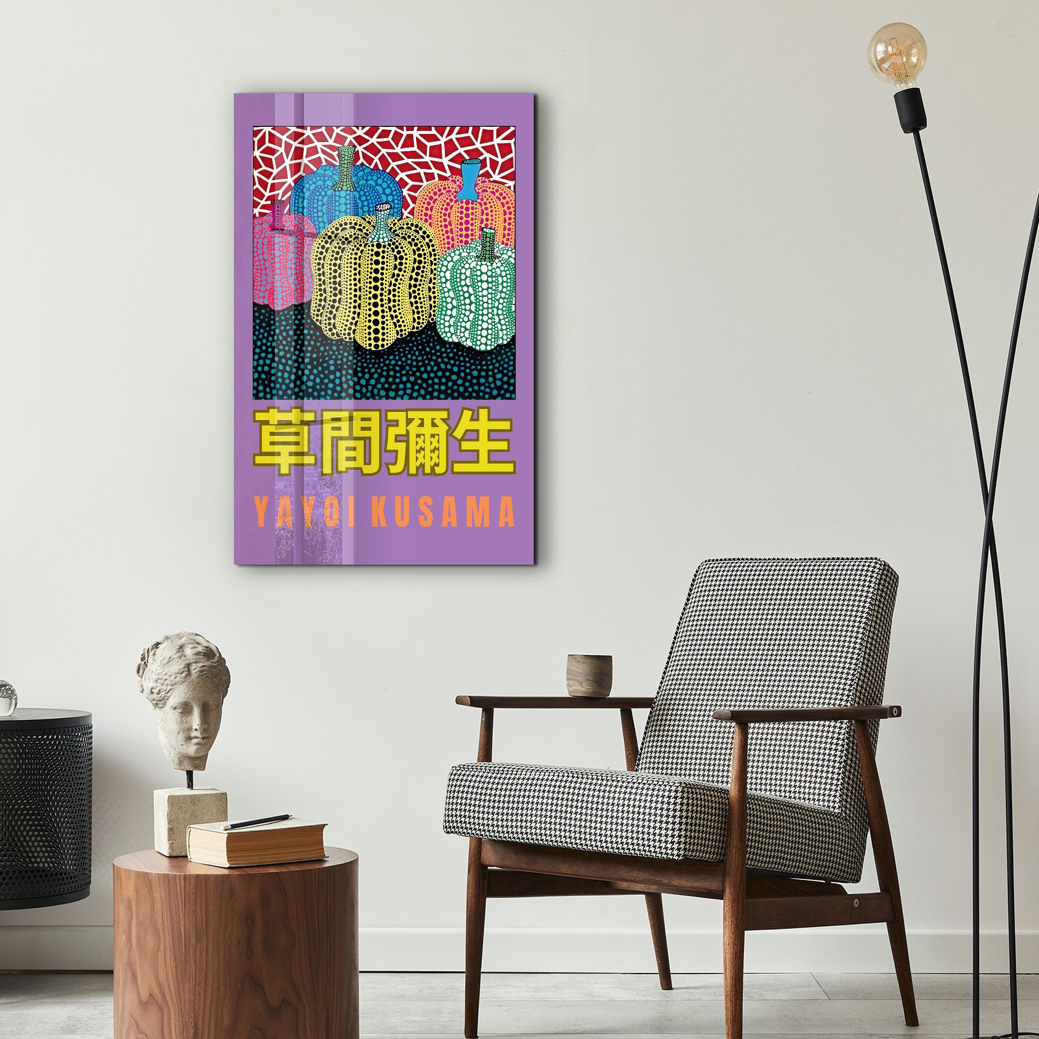 Colorful Yayoi Kusama pumpkin glass wall art featuring vibrant pop art design, perfect for modern home decor.