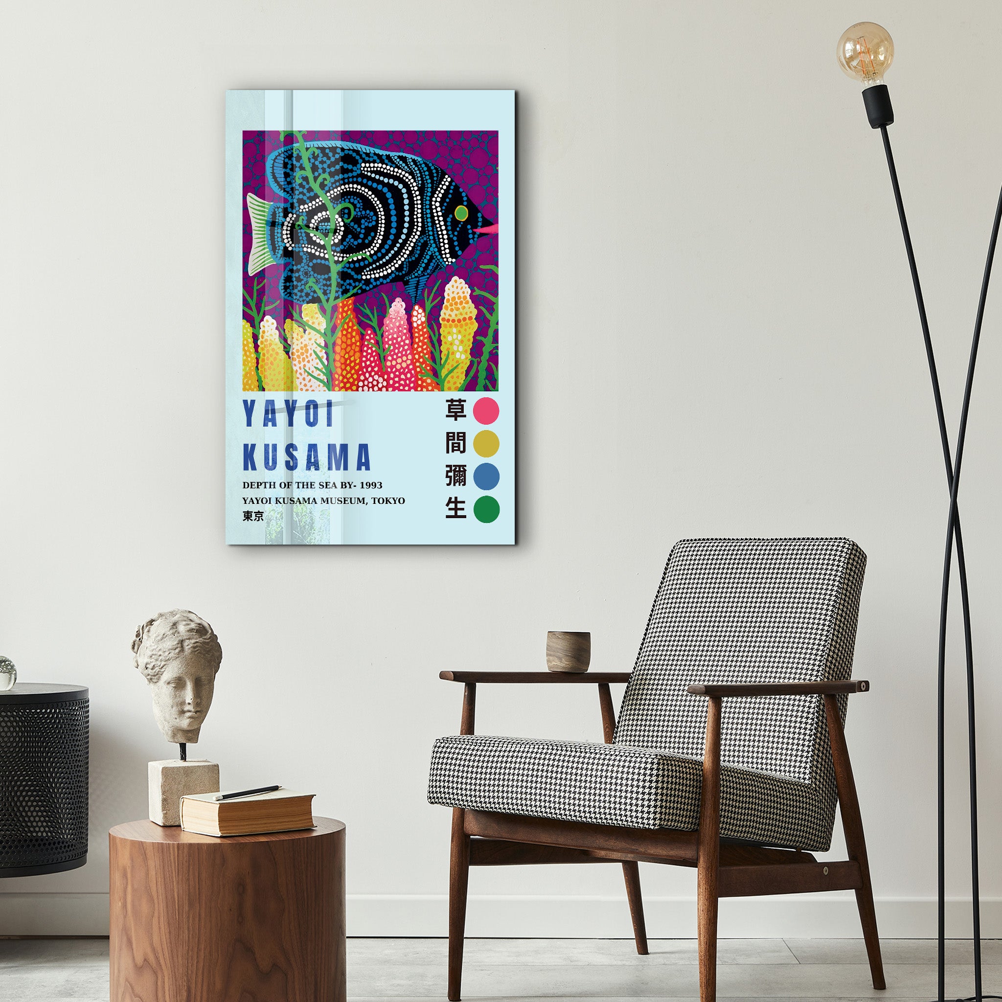 Glass wall art titled "Depth of the Sea" by Yayoi Kusama, featuring vibrant Japanese pop art in colorful glass design.