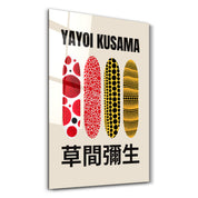 Yayoi Kusama-inspired Japanese pop art glass wall art with vibrant patterns and colorful designs by Artdesigna.