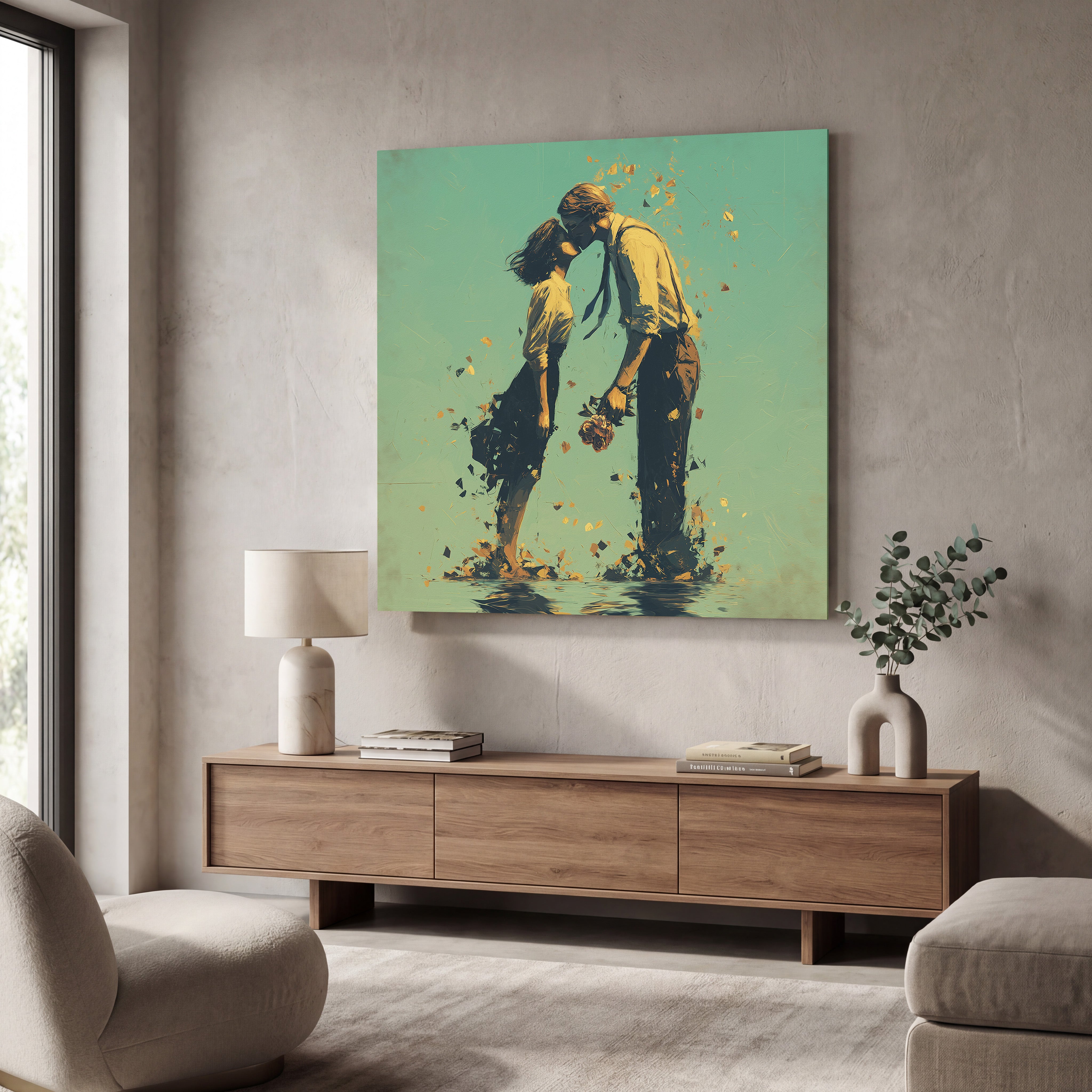 A nt i que☆love油彩画 1956年作 サイン在 木枠ガラス無 First Kiss Romantic Square Couple Art Glass Wall Art | ArtDesigna