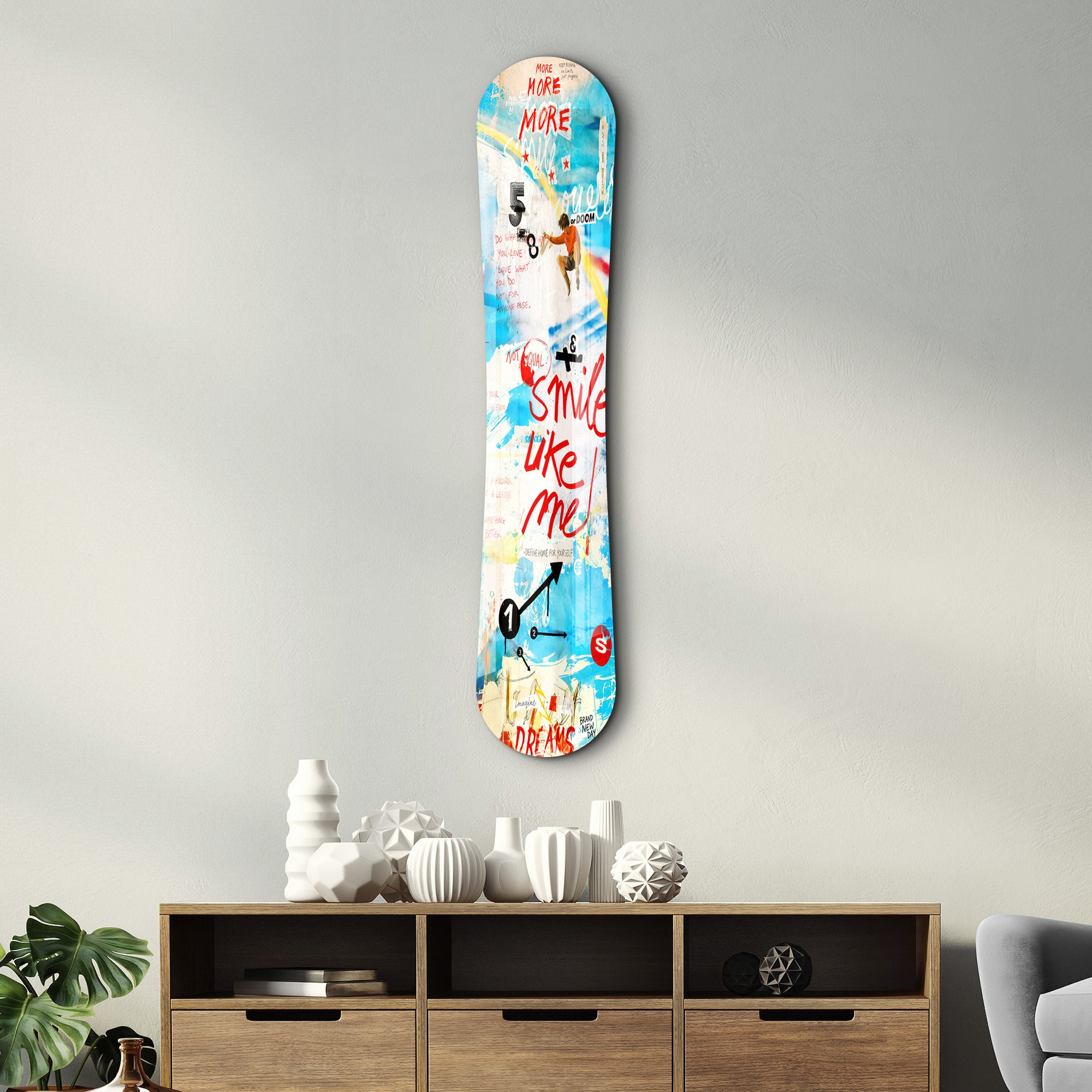 Artdesigna Snowboard Glass Wall Art featuring a sleek, modern design with a smile motif, perfect for contemporary home decor.