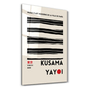 Black lines glass wall art by Artdesigna featuring Yayoi Kusama-inspired Japanese pop art design on clear glass.