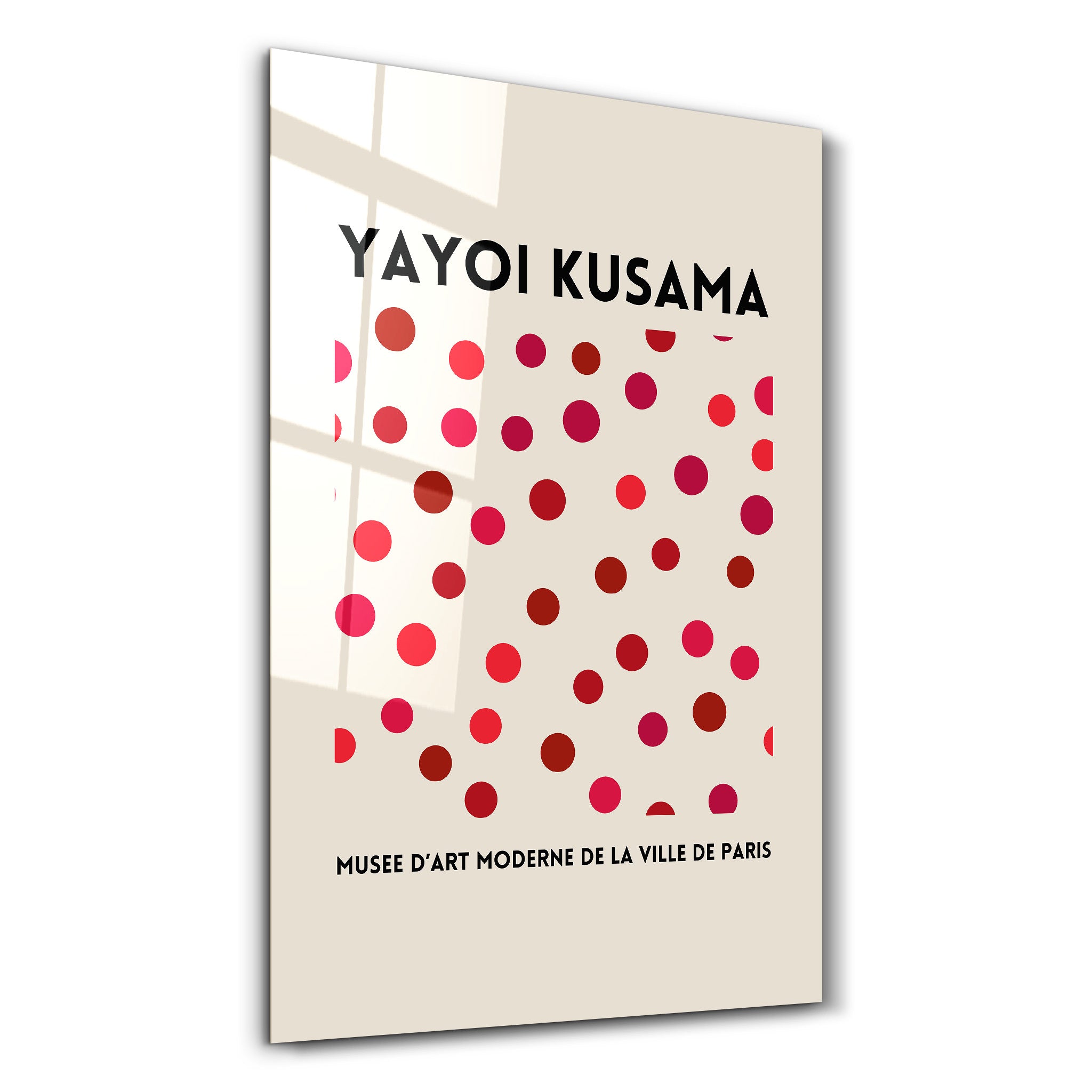 Pink Dots Japanese Pop Art glass wall art by Artdesigna featuring vibrant Yayoi Kusama-inspired design on clear glass surface.