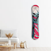 Neon Reaper snowboard-themed glass wall art by Artdesigna featuring a vibrant, illuminated reaper design on clear glass.