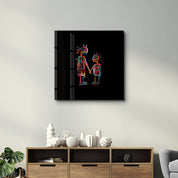 Neon family square glass wall art by Artdesigna featuring vibrant neon lights and modern design for home decor.