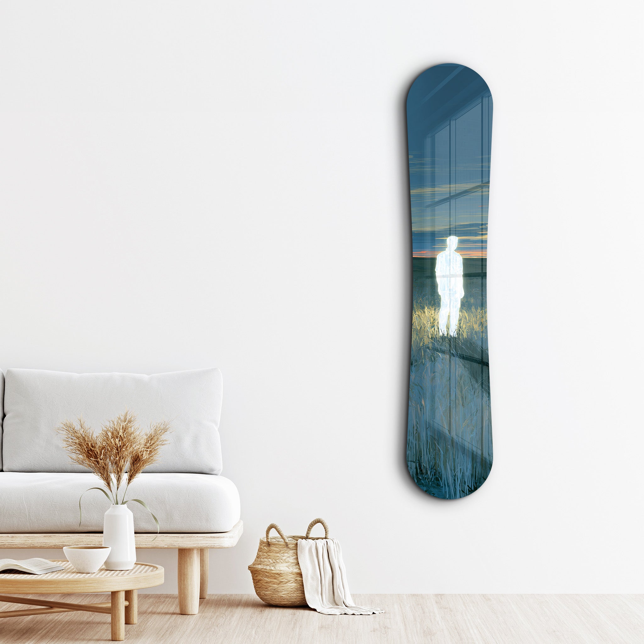 Artdesigna Lost Signal snowboard-themed glass wall art featuring a vibrant snowboarding scene in clear glass.