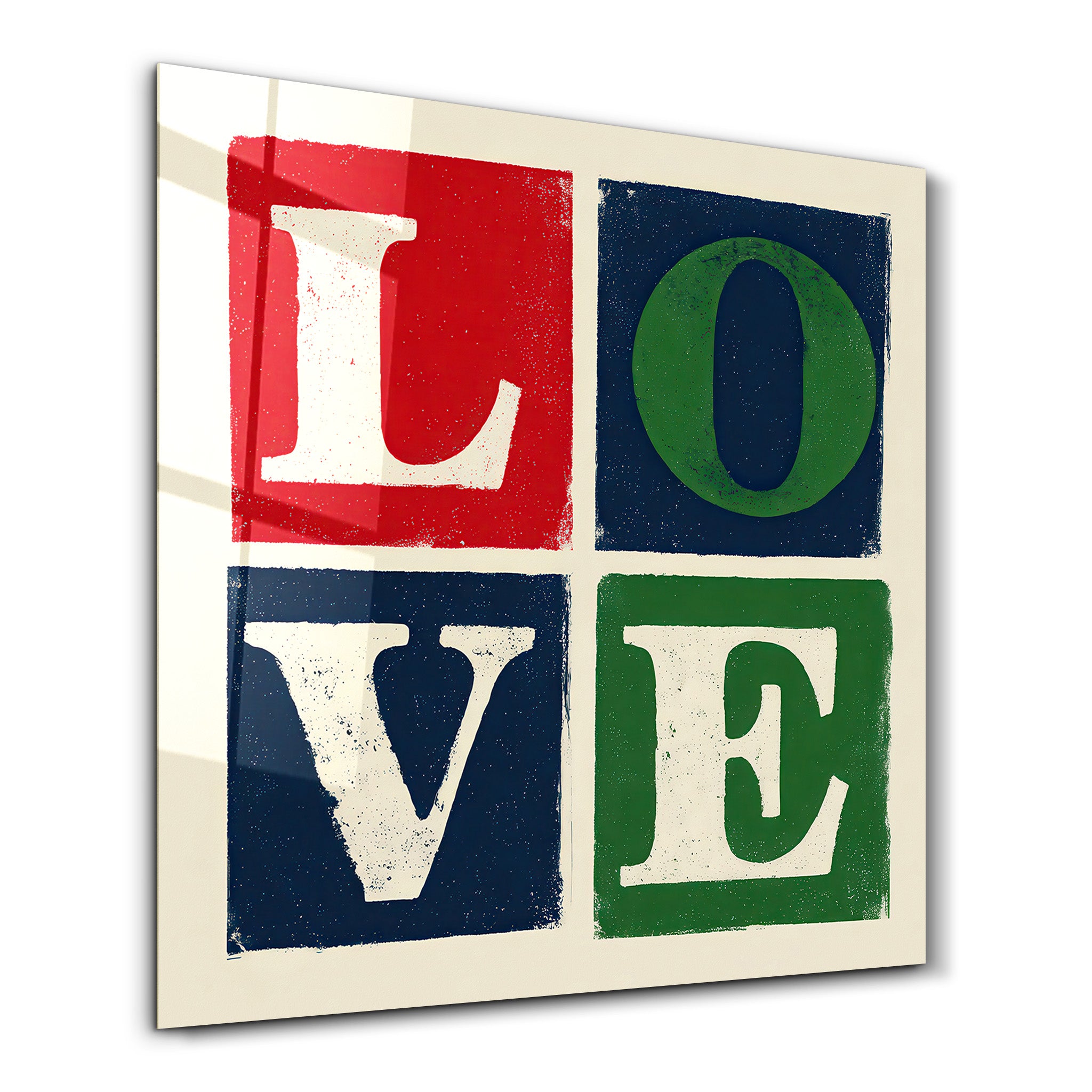 Retro square typography glass wall art featuring the word "Love" in bold, colorful letters by Artdesigna.
