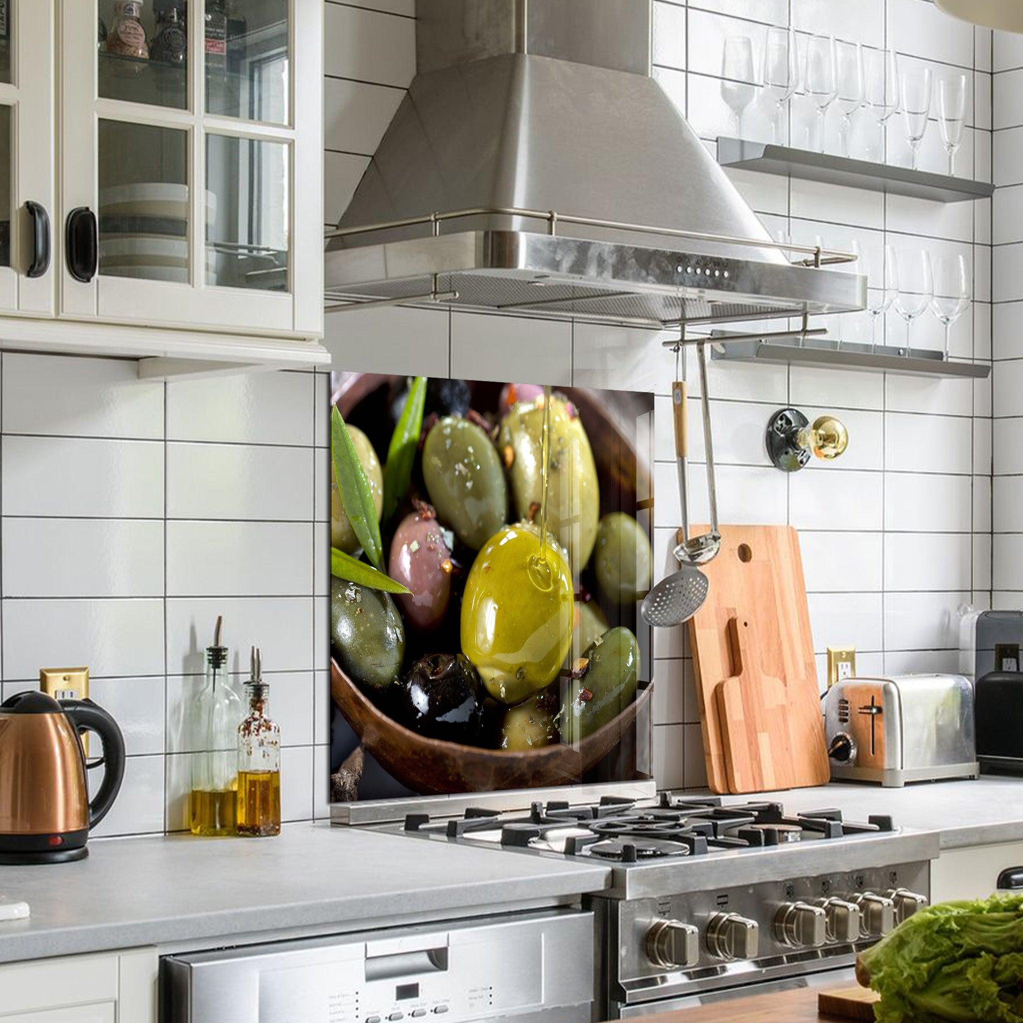 Aegean Olives | Glass Printed Backsplash for your Kitchen - ArtDesigna Glass Printing Wall Art