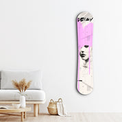 Pink graffiti portrait glass wall art by Artdesigna featuring vibrant graffiti-style artwork on a sleek glass panel.