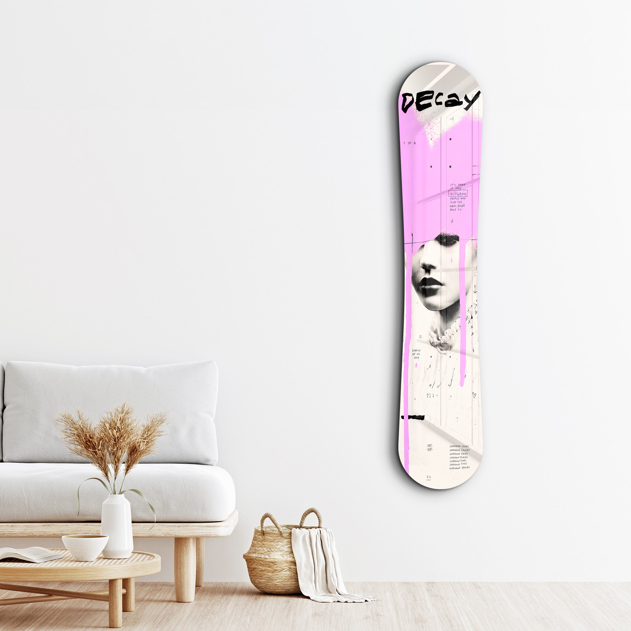 Pink graffiti portrait glass wall art by Artdesigna featuring vibrant graffiti-style artwork on a sleek glass panel.