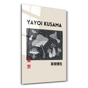 Yayoi Kusama monochrome mushrooms glass wall art by Artdesigna featuring Japanese pop art design with black and white mushroom patterns.