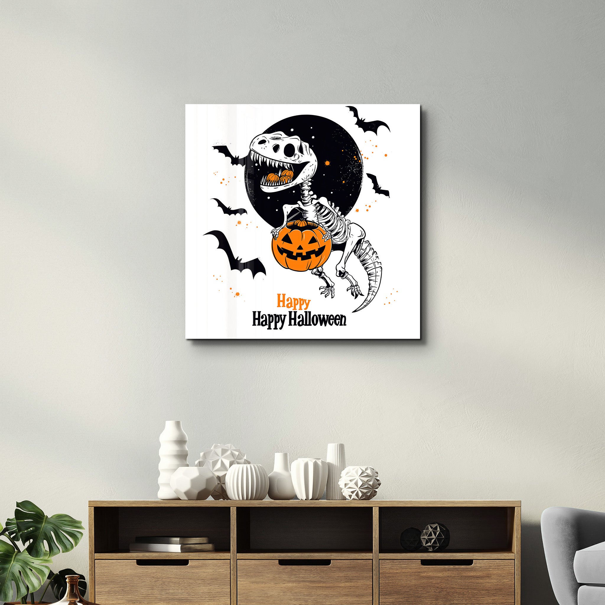 Dino Happy Halloween | Halloween Style Glass Wall Art - Artdesigna