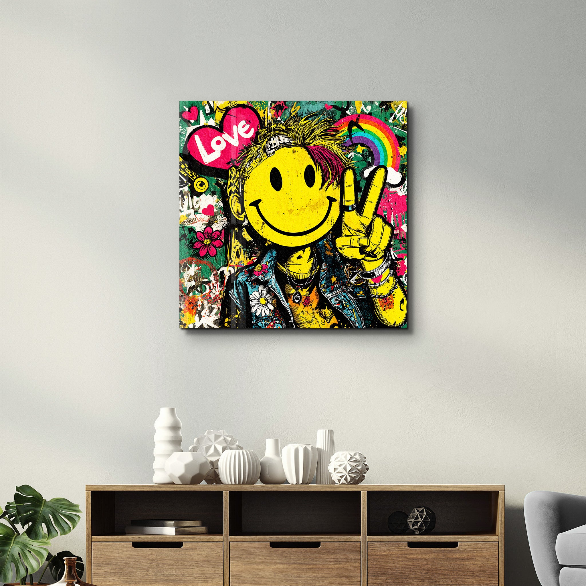 Smile Rebel Pop Graffiti Square Art Glass Wall Art | ArtDesigna