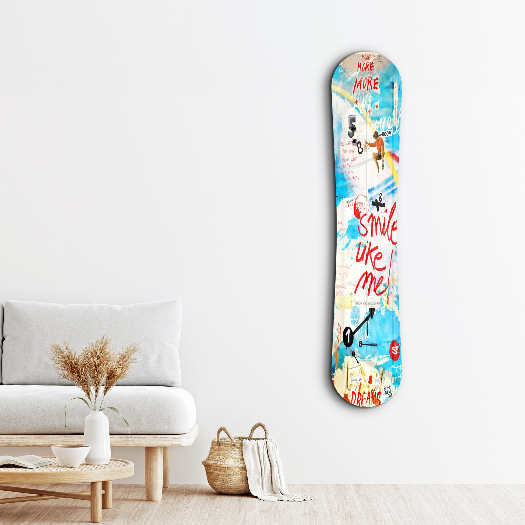 Colorful snowboard glass wall art by Artdesigna featuring a vibrant design, perfect for modern snowboard-themed home decor.