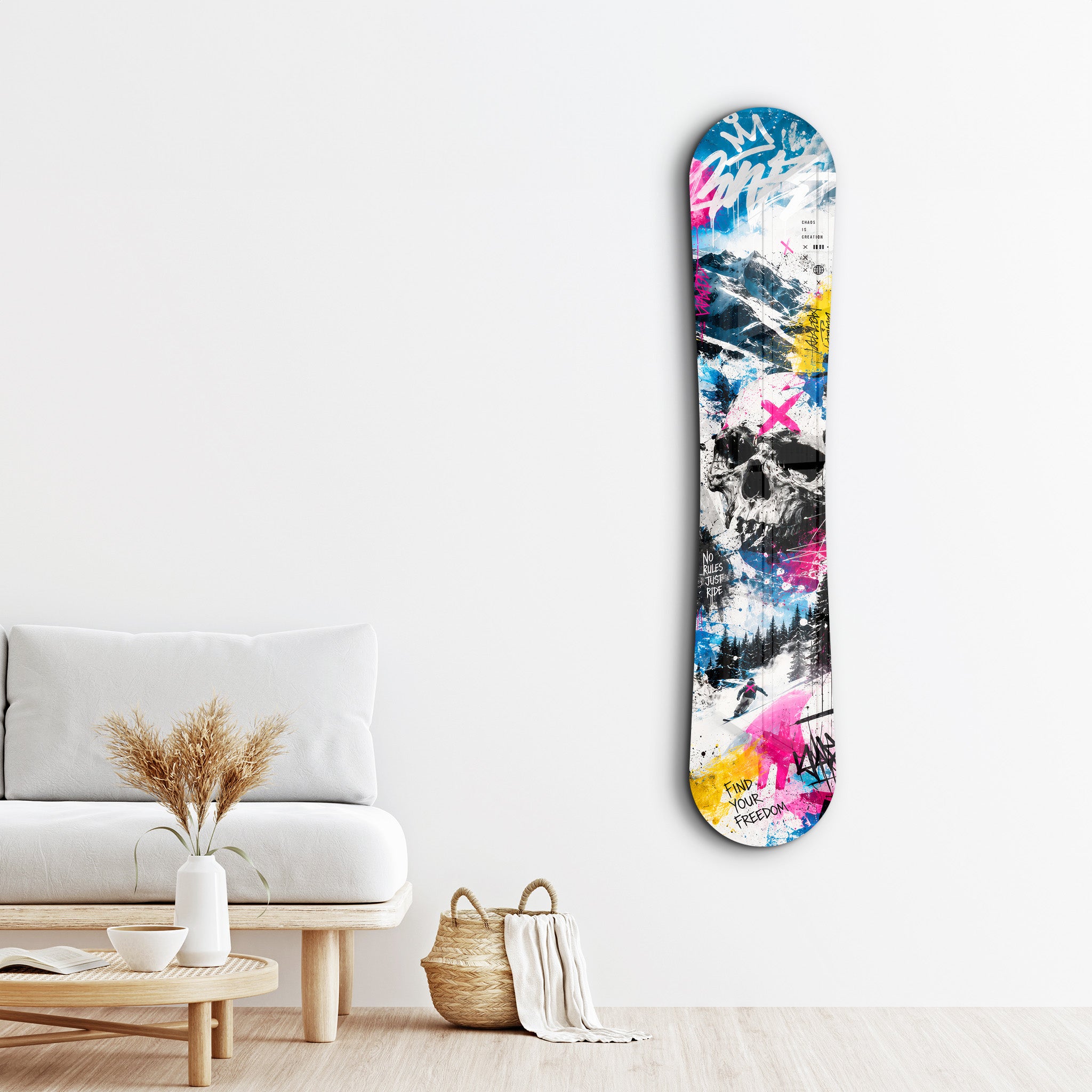 Find Your Freedom snowboard-themed glass wall art by Artdesigna featuring a sleek design on clear glass background.