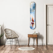 Minimal sailboat snowboarding glass wall art by Artdesigna, featuring a sleek sailboat design on clear glass background.