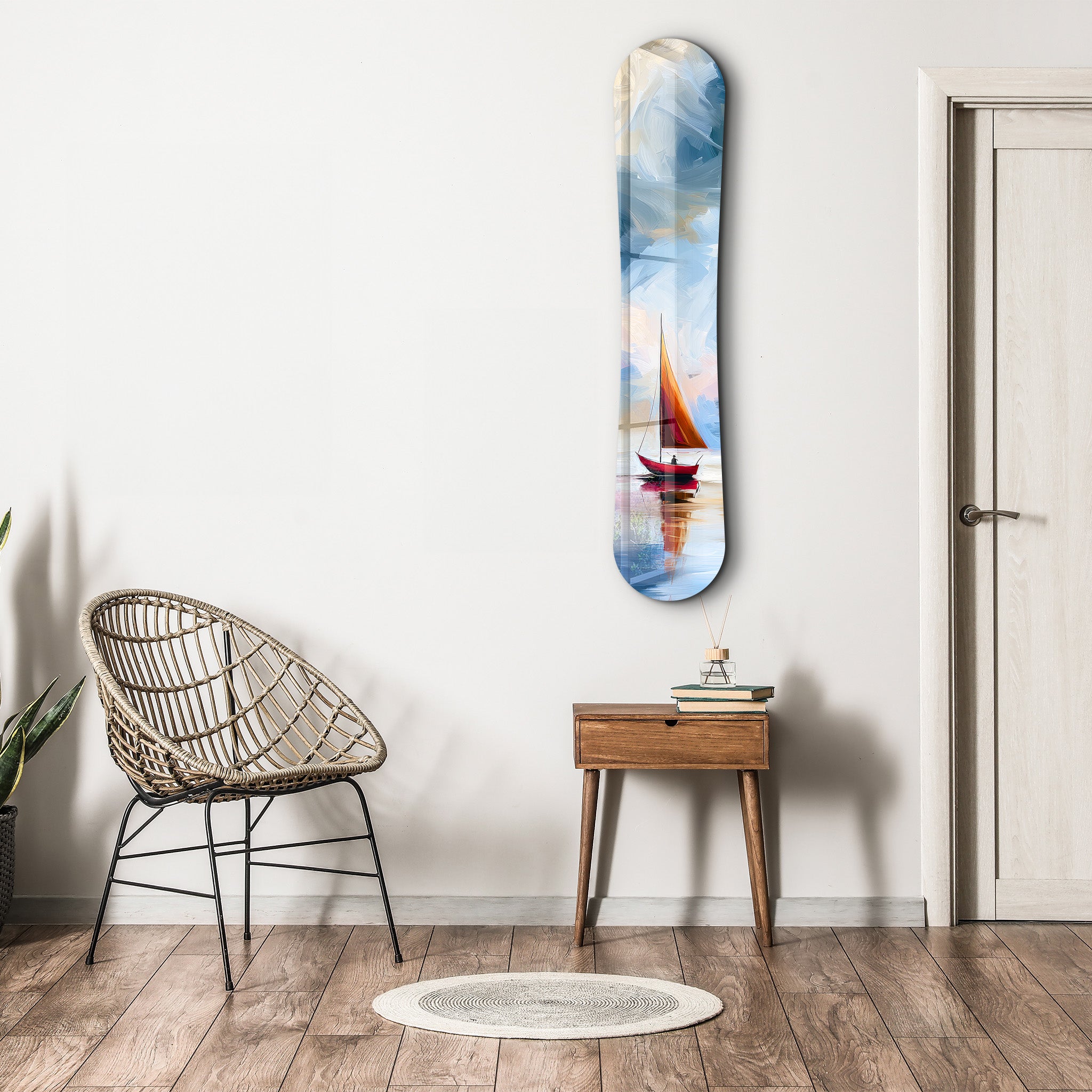 Minimal sailboat snowboarding glass wall art by Artdesigna, featuring a sleek sailboat design on clear glass background.