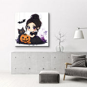 Lil' Witch and Her Pumpkin Pal | Halloween Style Glass Wall Art - Artdesigna